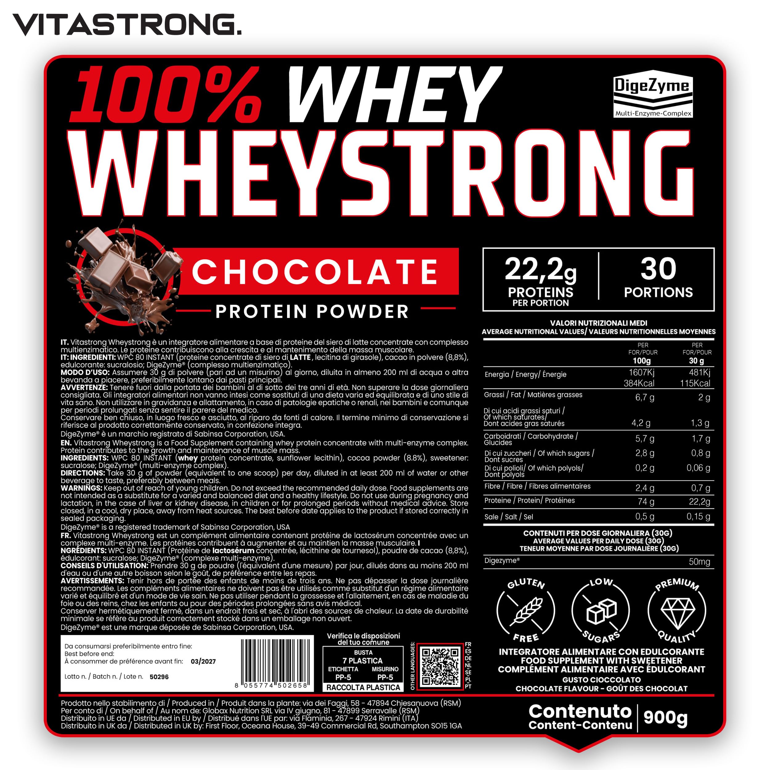 Vitastrong Proteine in Polvere Premium WheyStrong®, 900g, Gusto Cioccolato | 100% Proteine Whey con DigeZyme®, Alta Digeribilità e Concentrazione, Proteine del Siero del Latte Solo da Fornitori Italiani