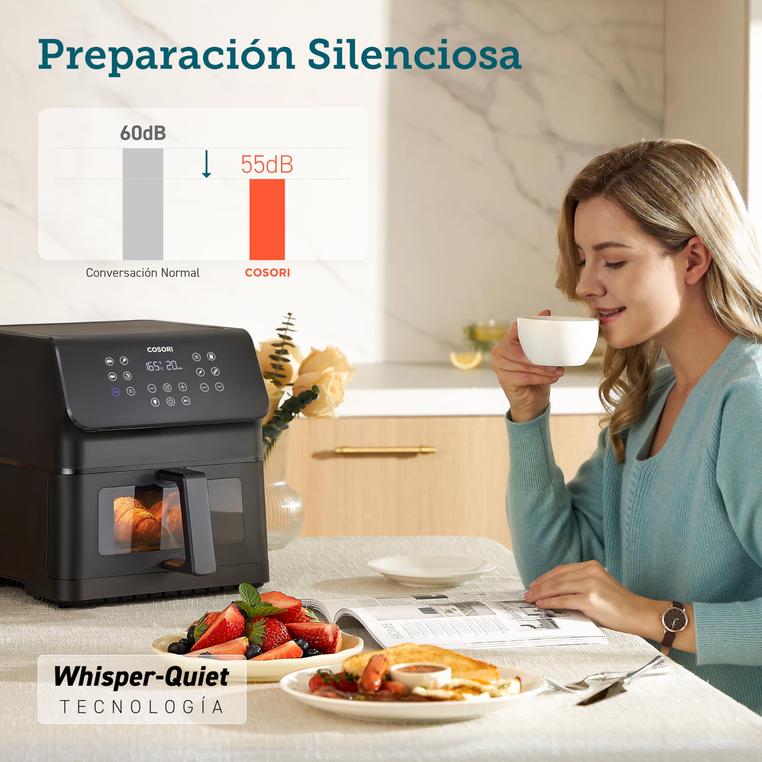 Cosori Freidora de Aire 6,2L con Ventana, 11 Modos, Fácil de Usar | Interior Metálico, con Tecnología Rapid Air, Menor Consumo Energético, Hasta 205°C y 60 Min, Apta para Lavavajillas