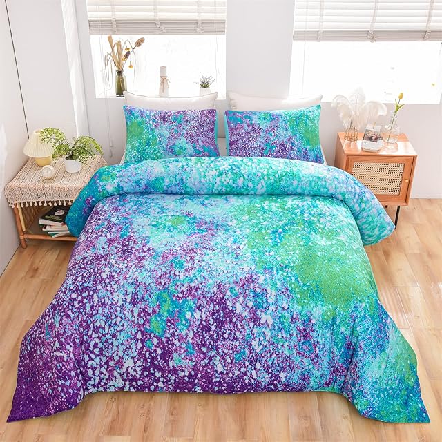 Aimuan Abstract Purple Comforter Sets Modern Art Bedding Sets 3 Pieces Sparkle Star Galaxy Twinkle Starlight Quilt Tie Dye Printed Comforter for Kids Teen (Full, Purple-Green)