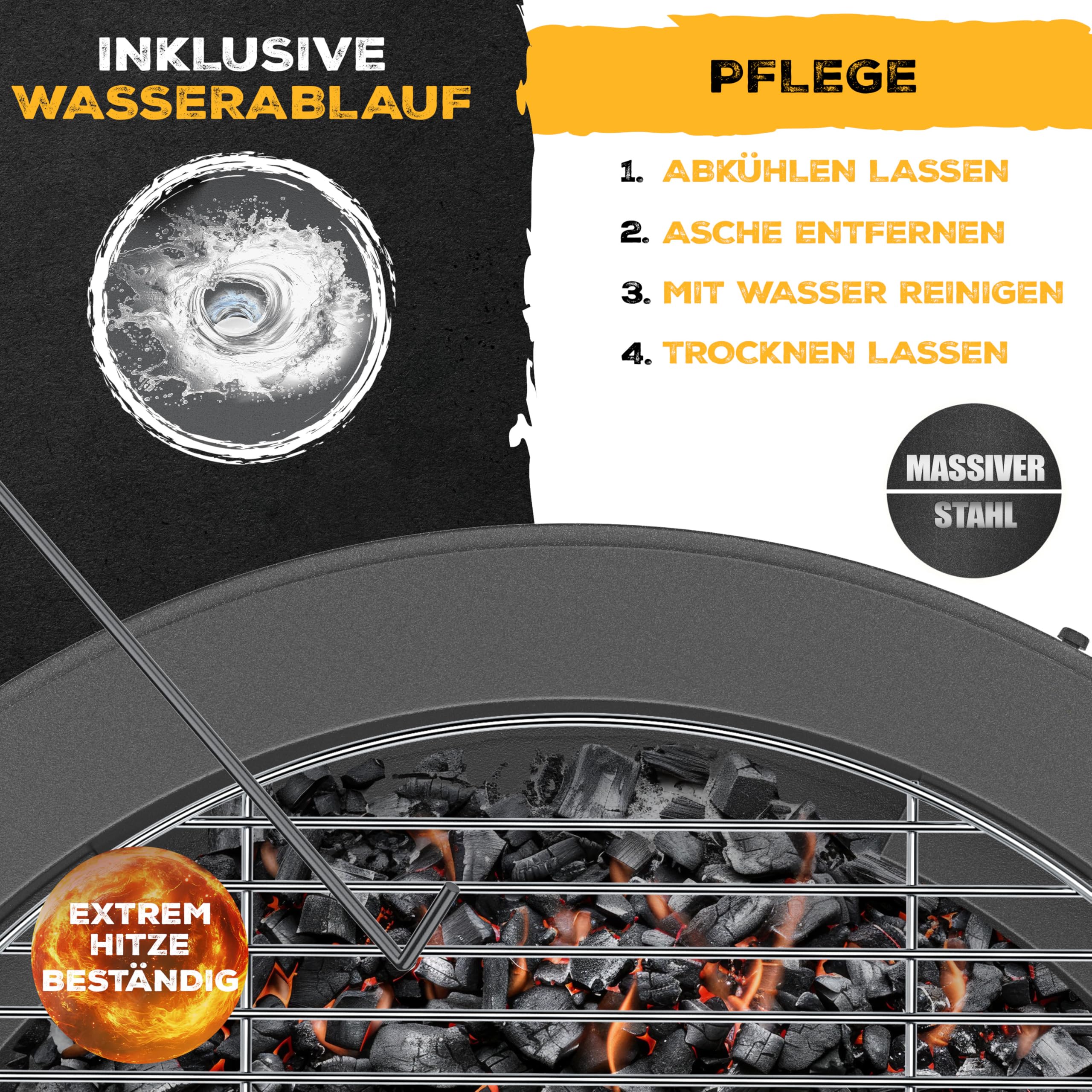 KESSER® Feuerschale mit Grillrost Ø65cm Feuerkorb 0,6mm Kaltveredelter Stahl | Mobile Feuertonne mit Reifen | Holz & Kohle Feuerstelle inkl. 60cm Feuerhaken aus Gusseisen, Ø52cm, Bürste & Cover