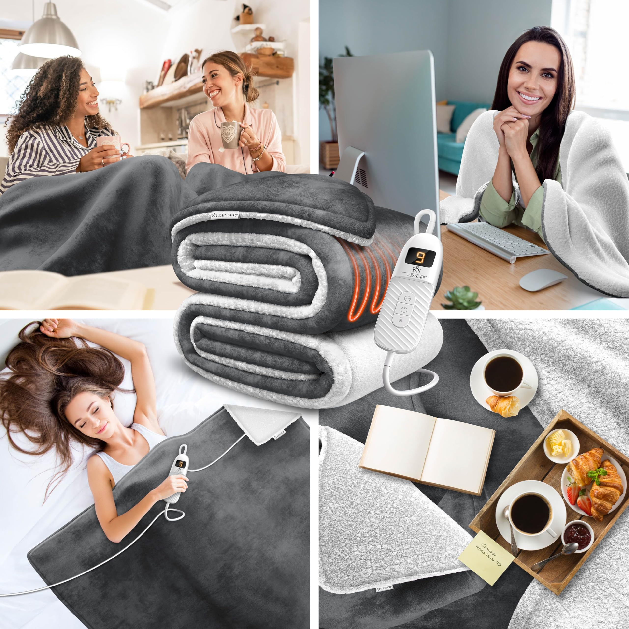 KESSER® Heizdecke mit Abschaltautomatik 200x180cm Doppelseitig Elektrische Wärmedecke | Kuscheldecke Bett, Sofa | 9 Temperaturstufen | waschbar bis 40°C | mit Timer Digitalanzeige Anthrazit