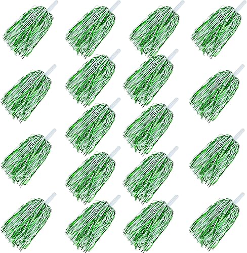 18 pompones de animadora de plástico de aluminio metálico verde y blanco con mango de bastón para juegos, deportes, escuadrones, fiestas de baile,