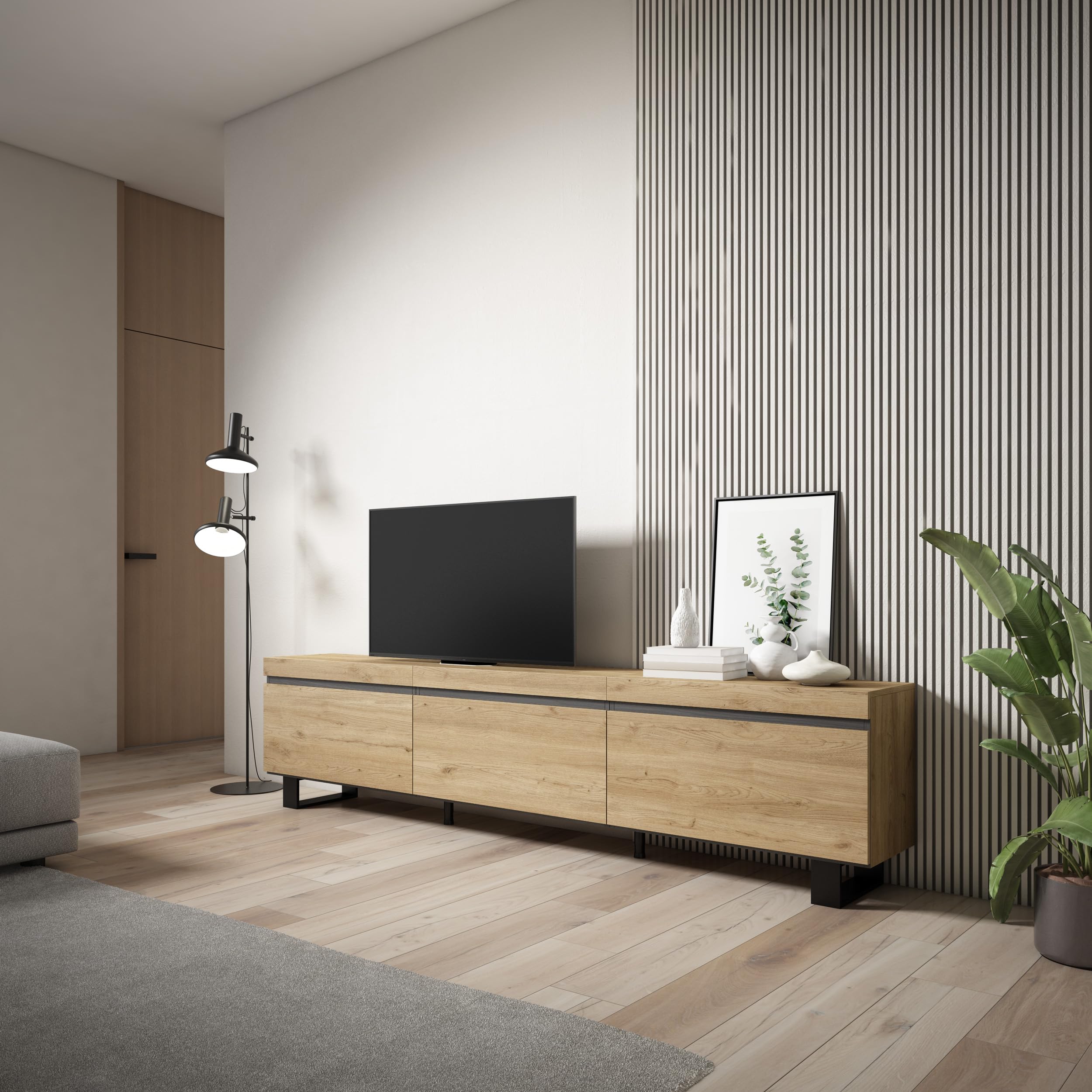 Skraut Home | Mobile TV Soggiorno | Ampio spazio a disposizione | 240x57x35 cm | Design industriale | Stile moderno | Rovere