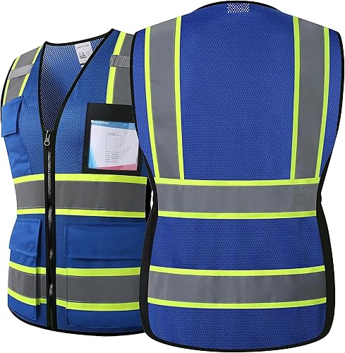 Miniatura 2 de Chalecos de seguridad de malla azul reflectante de alta visibilidad con 8 bolsillos y cremallera frontal, chaleco de seguridad de alta visibilidad