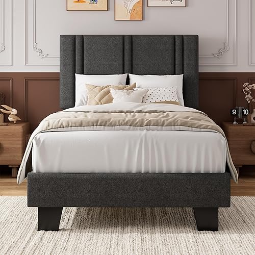 Miniatura 13 de iPormis Base de cama de plataforma Queen con cabecera tapizada de tela y patas gruesas, base de colchón con soporte de listones de madera maciza, no