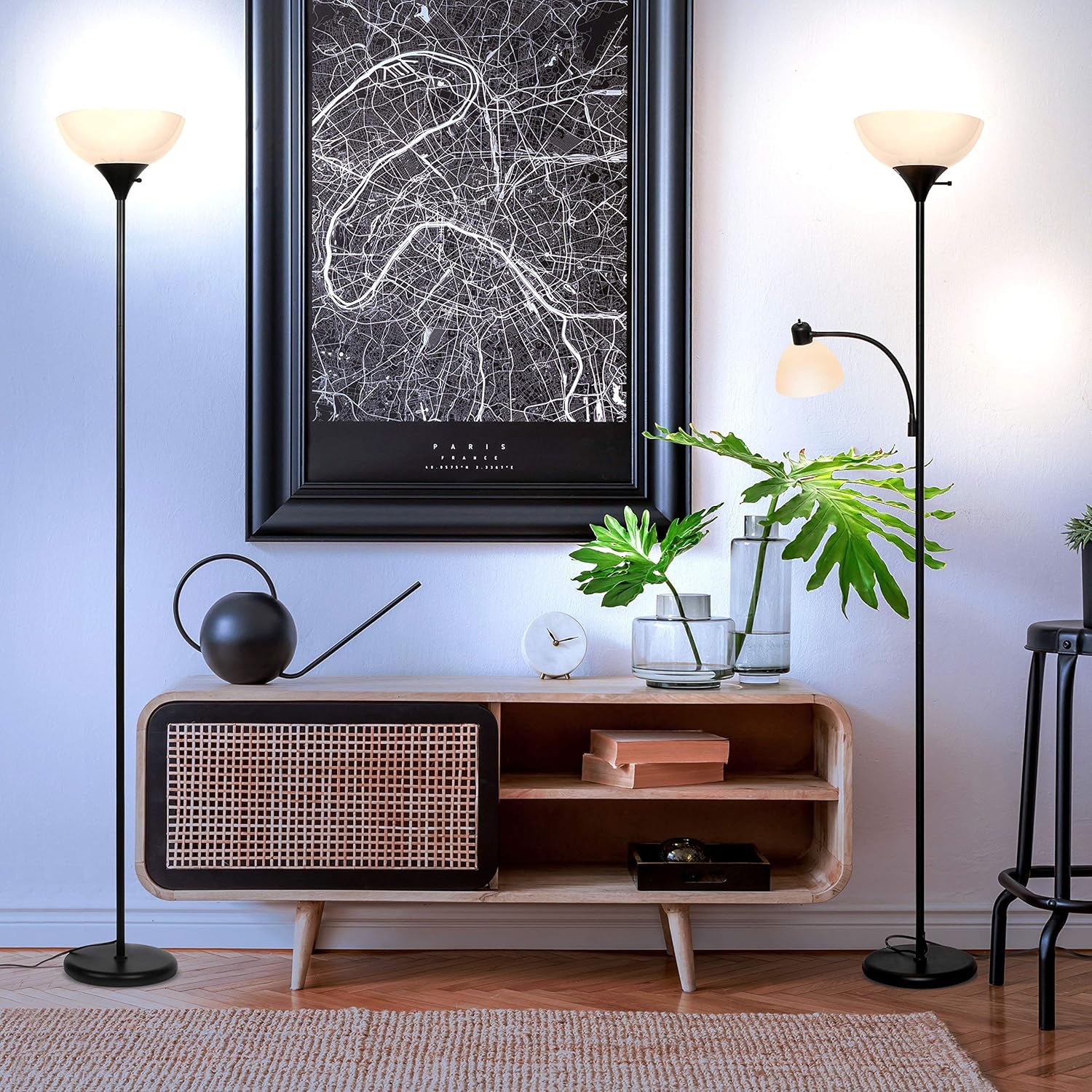 Brightech Sky Dome & Sky Dome Plus LED Floor Lamp Set- Matching Bright Torchiere Floor Lamp and Reading Lamp - Dimmable Modern Standing Lamp for Living Room - Tall Pole Lamps for Living Rooms - Black