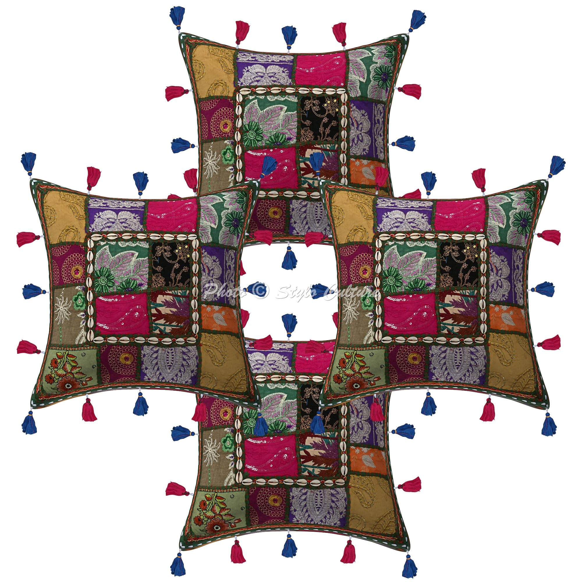 Indische Dekorativ Baumwolle Sofa Kissenbezüge 40x40 cm Dunkelgrün Dekokissen Gesticktes Patchwork Wohnzimmer Couch Kissenhullen Blumen Quadrat Umschlagverschluss Kissen Bezüge - 4 STK.