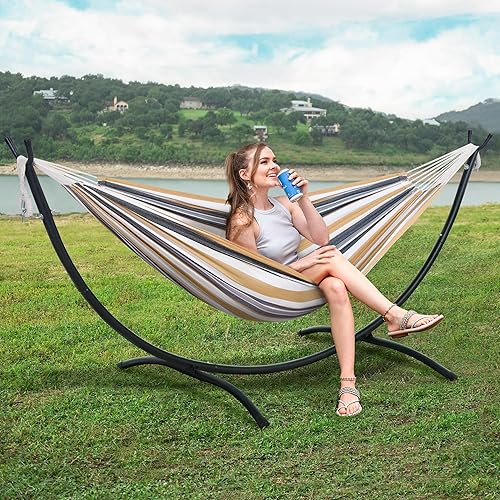 Miniatura 2 de SUNCREAT Hamaca para 2 personas con soporte, hamaca de pie resistente con soporte incluido, rayas de café