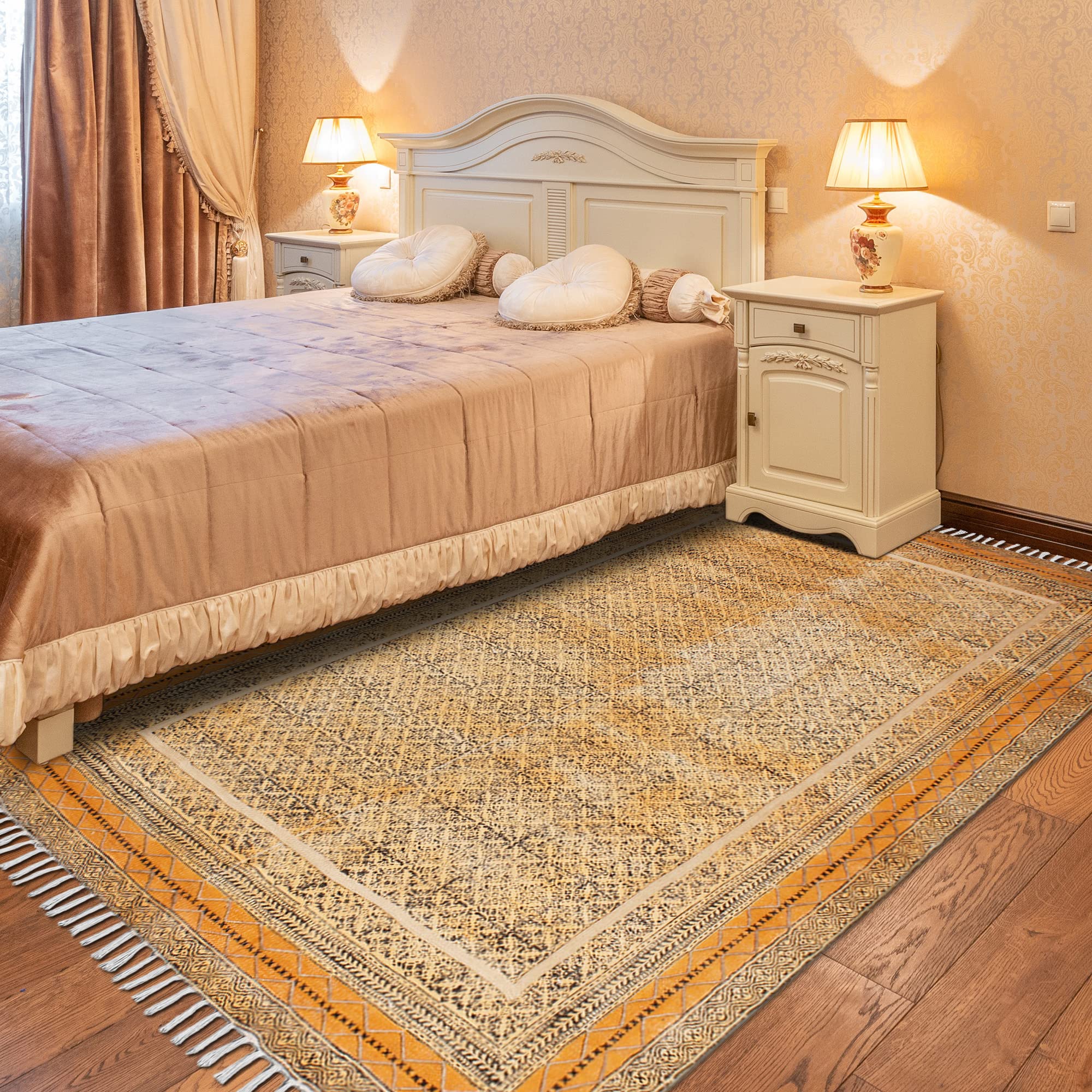 Baumwolle Dhurrie Boho Kelim Handgefertigter Teppich Handblockdruck Teppiche Flachgewebe Überwurf Teppich Indoor Esszimmer Dekor Teppich Boho Kelim 120 x 450 cm (4 x 15 Fuß Läufer)