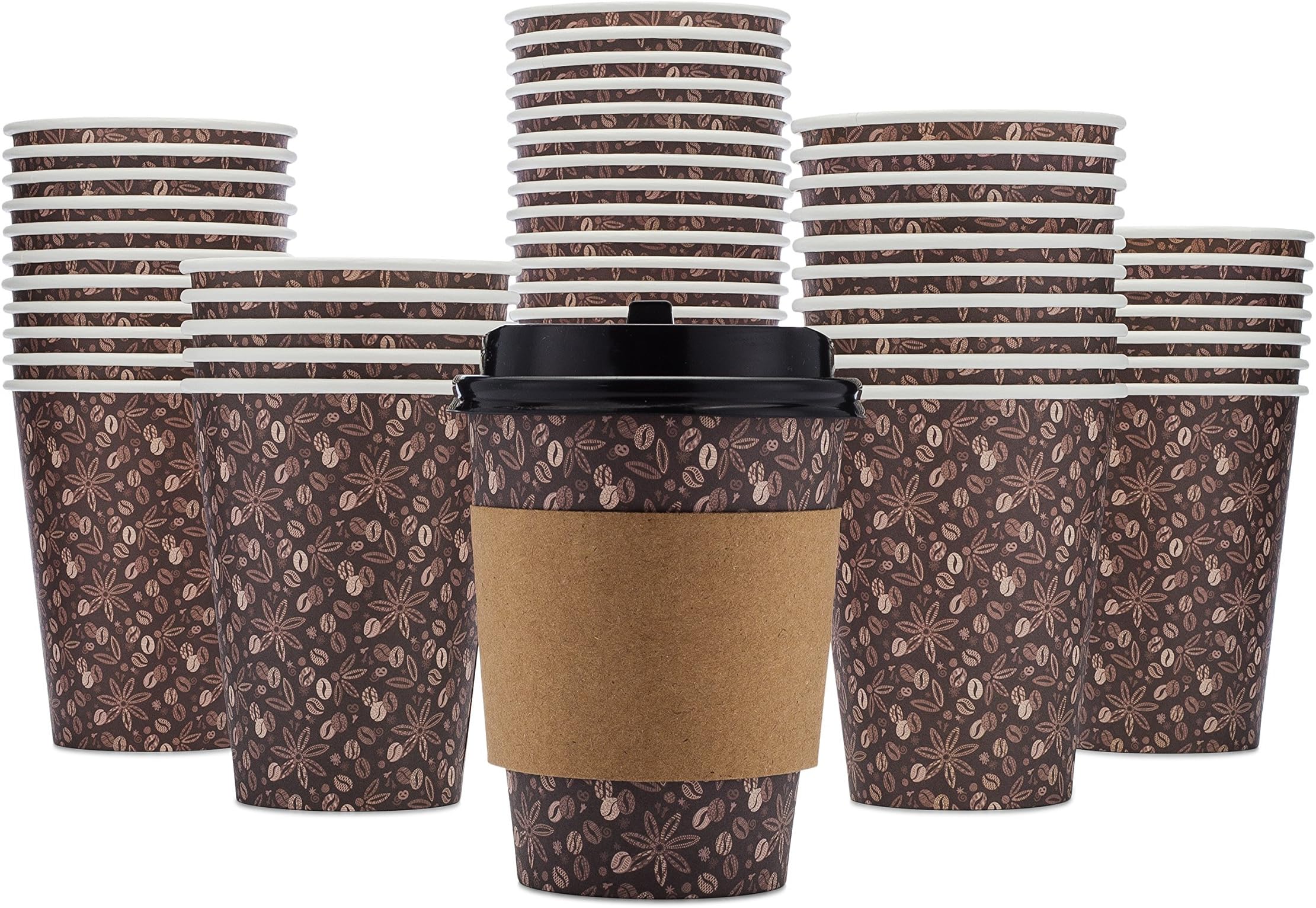 100 Pack - Disposable Hot Paper Coffee Cups - 12 Oz, Lids and Sleeves To Go