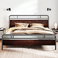 Vista 1 de SHA CERLIN Base de cama tamaño King con cabecera y pie de cama de madera, estructura de metal con esquinas redondeadas, listones de servicio pesado