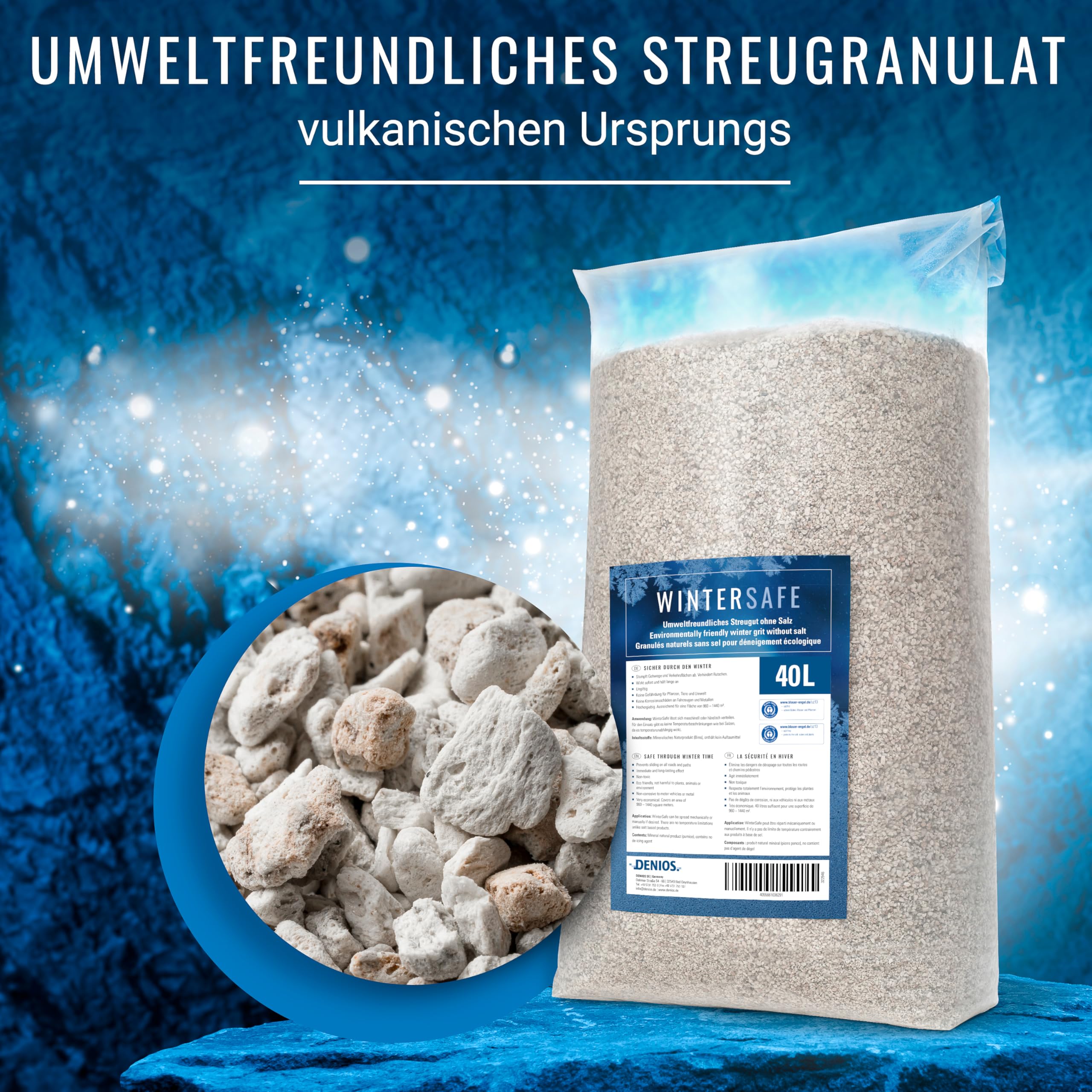 DENIOS Premium Umweltfreundliches Streukies– Besser als Streusalz, Effektiv & Haustierfreundlich – 40 L Lava-Streugut Sack für den professionellen Winterdienst – Rutschfest, Schnell & Zuverlässig