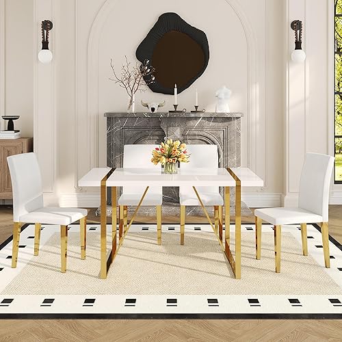 Miniatura 7 de Juego de mesa de comedor blanca de 55 pulgadas para 4, juego de mesa de comedor moderno para 4, mesa blanca brillante con sillas de piel sintética