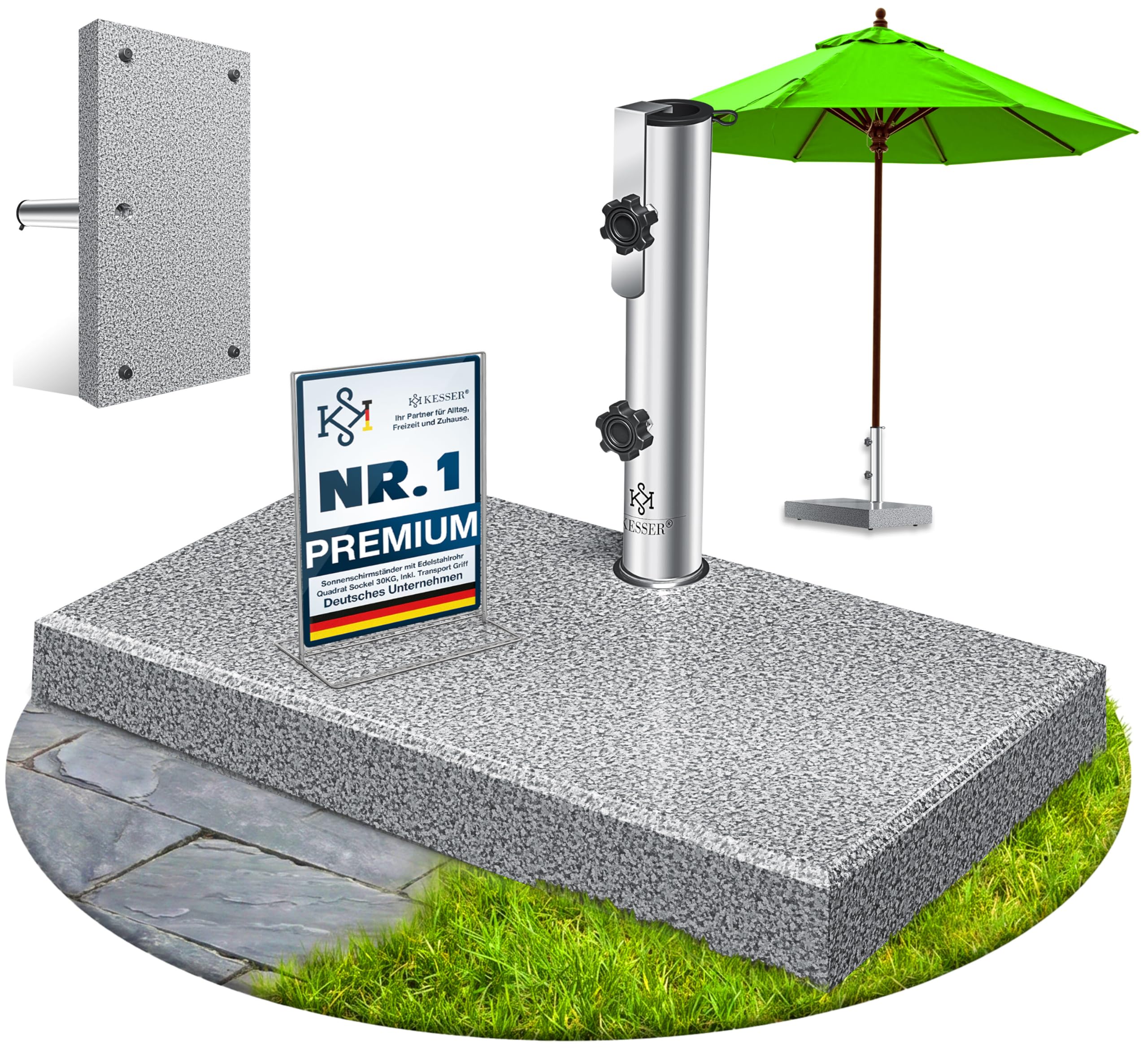 KESSER® Granit Sonnenschirmständer mit Edelstahlrohr, Hochwertiger Schirmständer Rechteck Sockel 30KG - für Schirmstöcke bis 16-48 mm, Inkl. Transport Griff Garten Balkonschirmständer, Grau