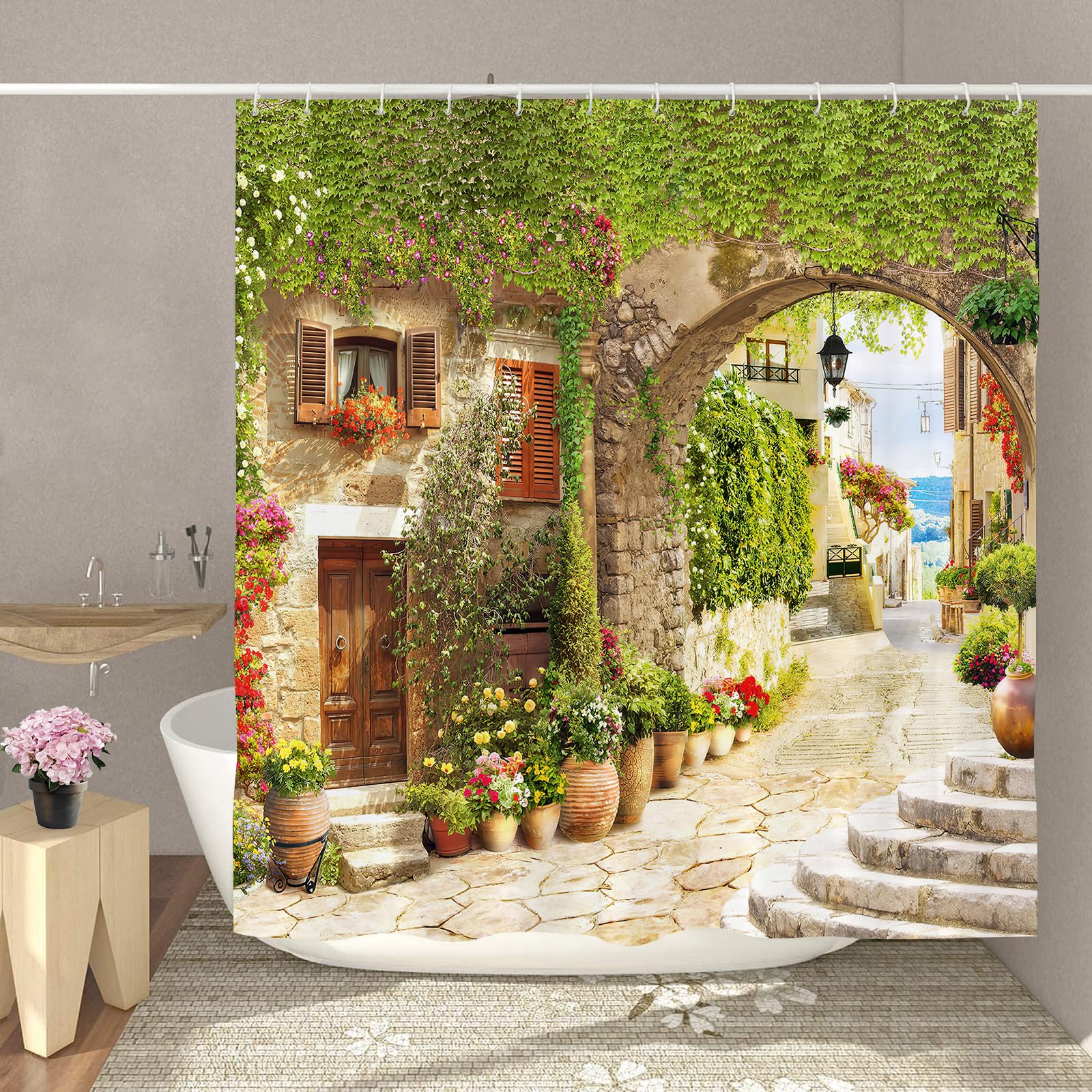 GOOESING Garden Shower Curtain Leaves Flowers Floral Shower Curtain Landscape Bathroom Curtain with Hooks Bathroom Bathtub Decor Washable Durable Waterproof Fabric 180x180cm - Image 3