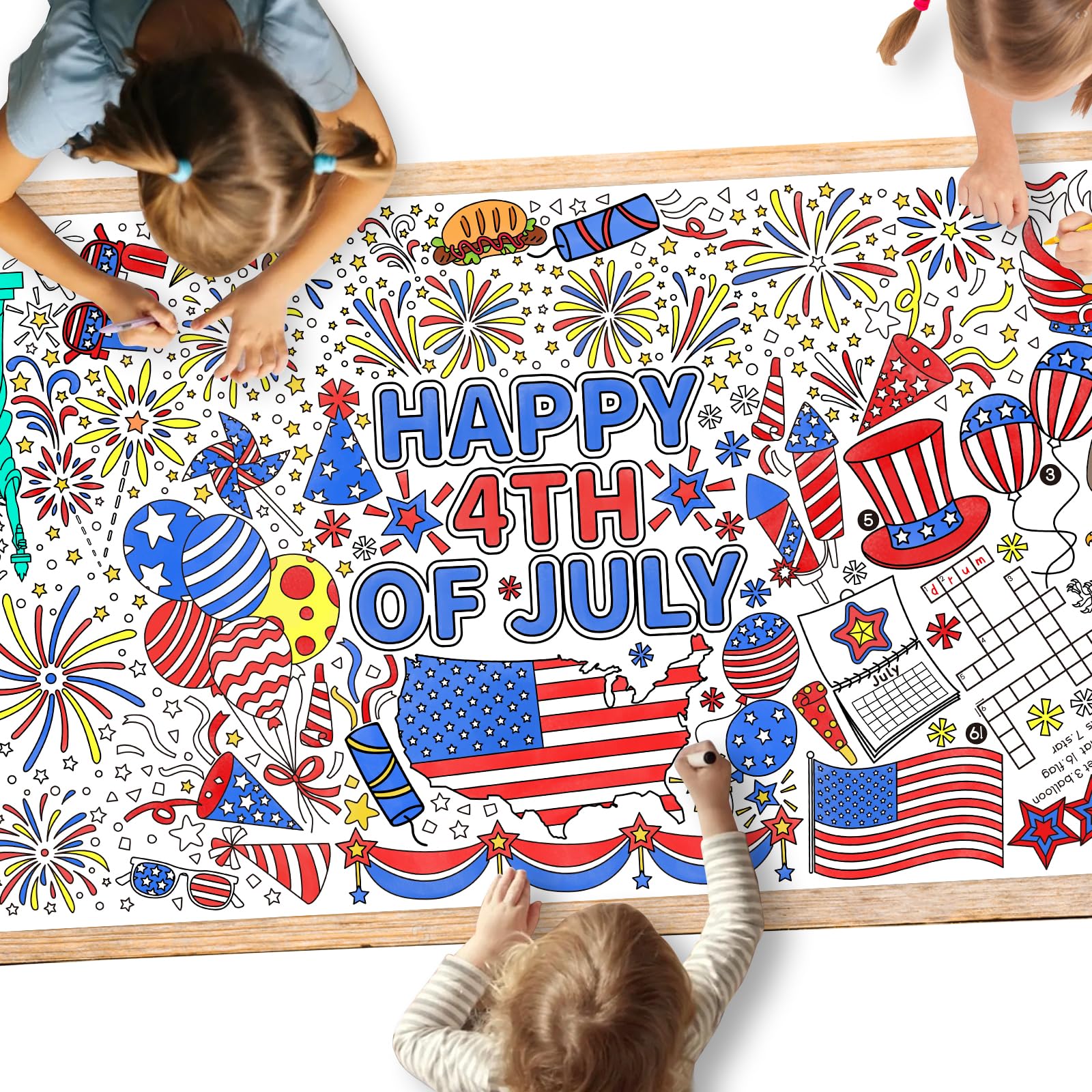 Gatherfun 4th of July Coloring Tablecloth | Patriotic Giant Poster 31.5x72 | Ideal for Independence Day Decor & Activities | American Flag-Themed for