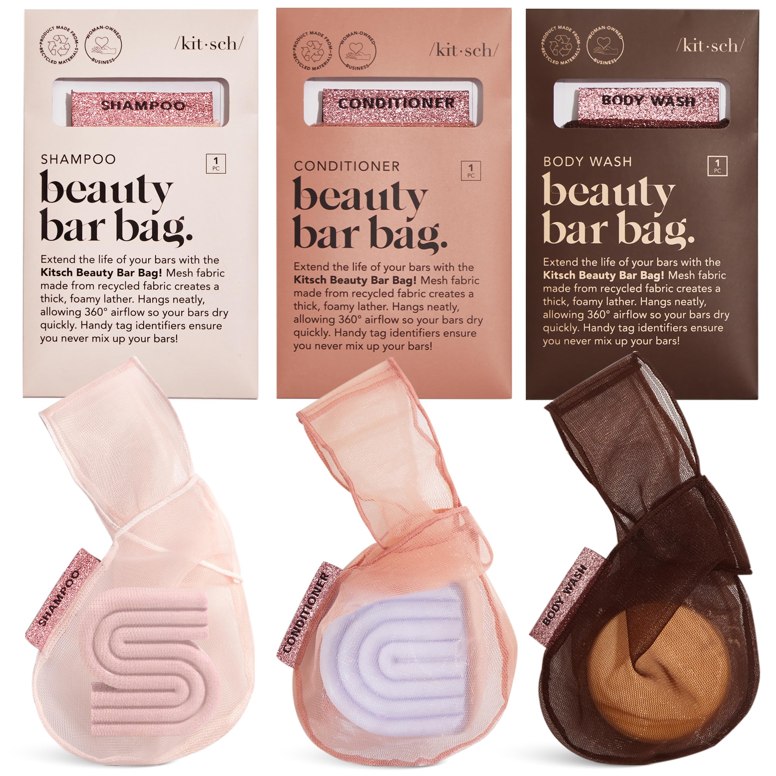 Bar Soap Saver Bag – Patented Mesh Bag Soap Holder for Shampoo, Conditioner & Body Wash Bar - Extends Use & Prevents Soggy Mess - Recycled Mesh Pouch - Blush, Terracotta & Chocolate, 3pc Set