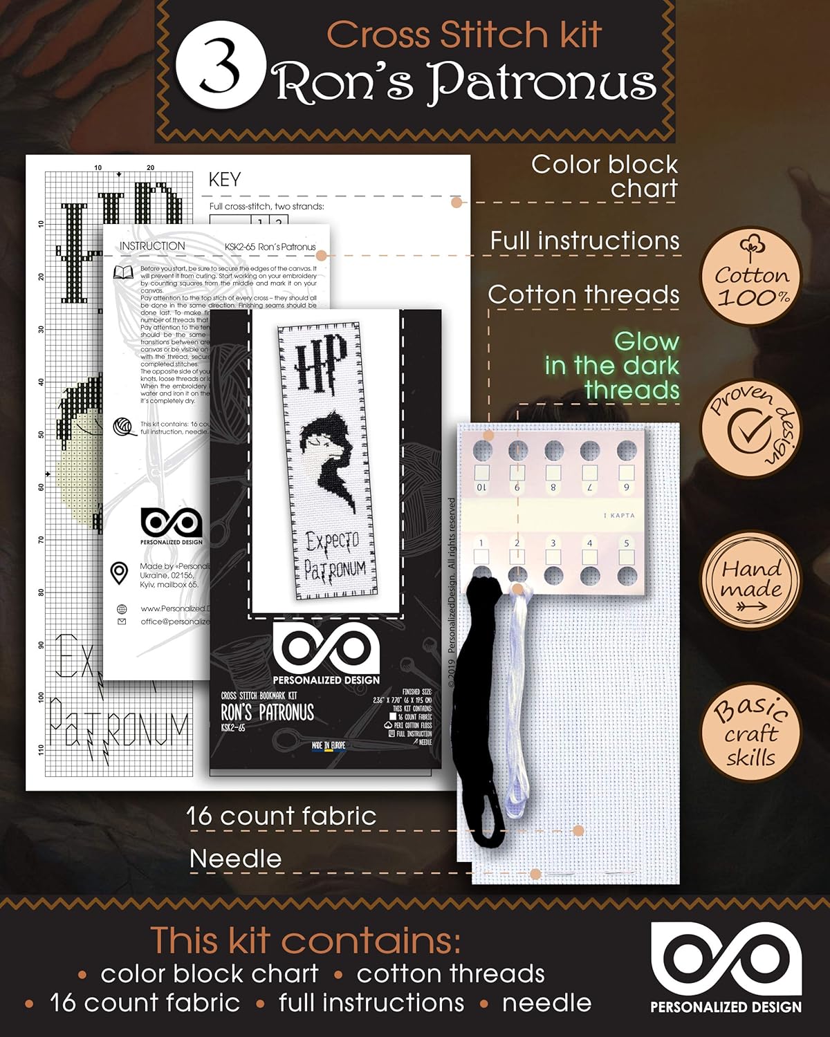 Embroidery Kits 'Patronuses' - Set of 3 DIY Counted Cross Stitch Luminous Bookmarks - Glow-in-The-Dark Gift for Kids and Teens