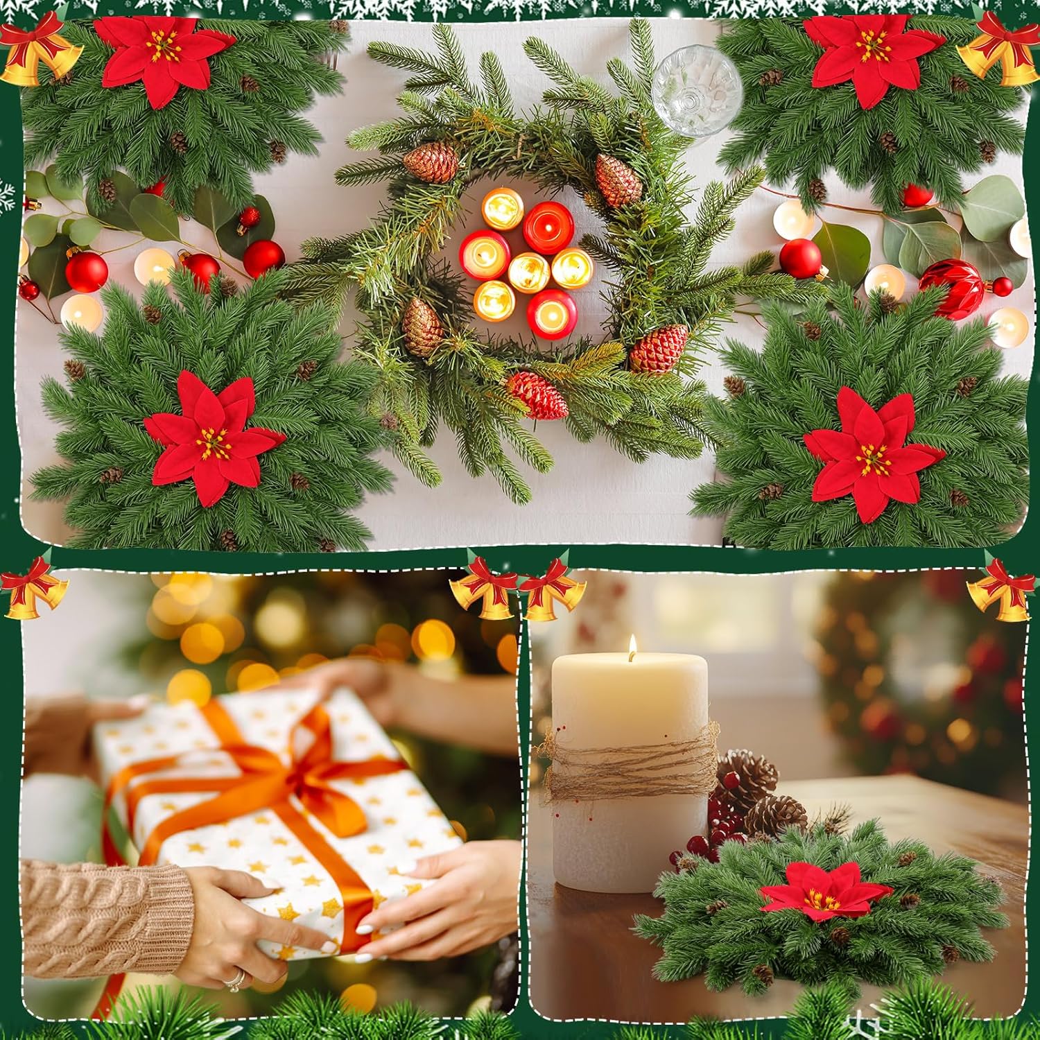 6 Pcs Artificial Christmas Pine Needle Placemats, 15 Inch Xmas Poinsettia with Pine Cones Place Mats Small Christmas Wreath Garland Greenery Table Mats to Non-Slip Heat Protection(Classic)