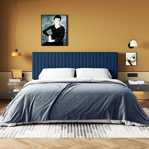 Miniatura 8 de HOOMIC Base de cama de plataforma de tamaño matrimonial, cama tapizada de terciopelo moderno con cabecera capitoné de canal vertical ajustable,