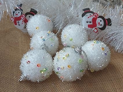 Forty Wings Big 6 Pcs Christmas Glitter Snow White Balls for Christmas Ornaments Xmas Tree Hangings Ornaments for Christmas Decoration Items for Home Decoration