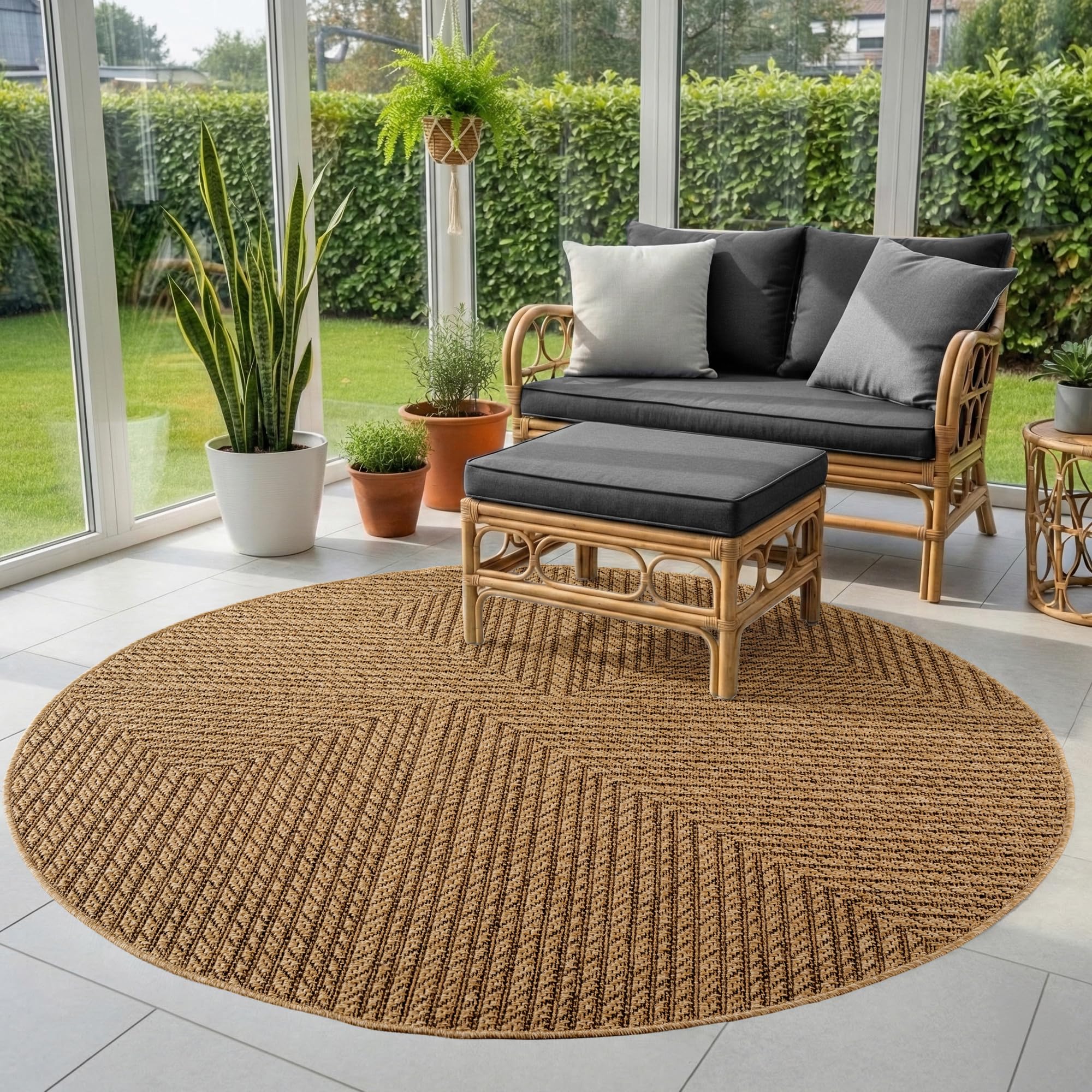 SIMPEX Outdoor Teppich Wetterfest Pflegeleicht Waschbar Jute Natur Optik Skandinavisches Boho Design für Wohnzimmer Schlafzimmer Esszimmer Küche Terrasse Balkon Garten