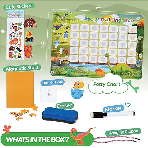 Miniatura 2 de Tabla de entrenamiento para ir al baño para niños pequeños tema de dinosaurio con 35 estrellas magnéticas reutilizables y calcomanías geniales