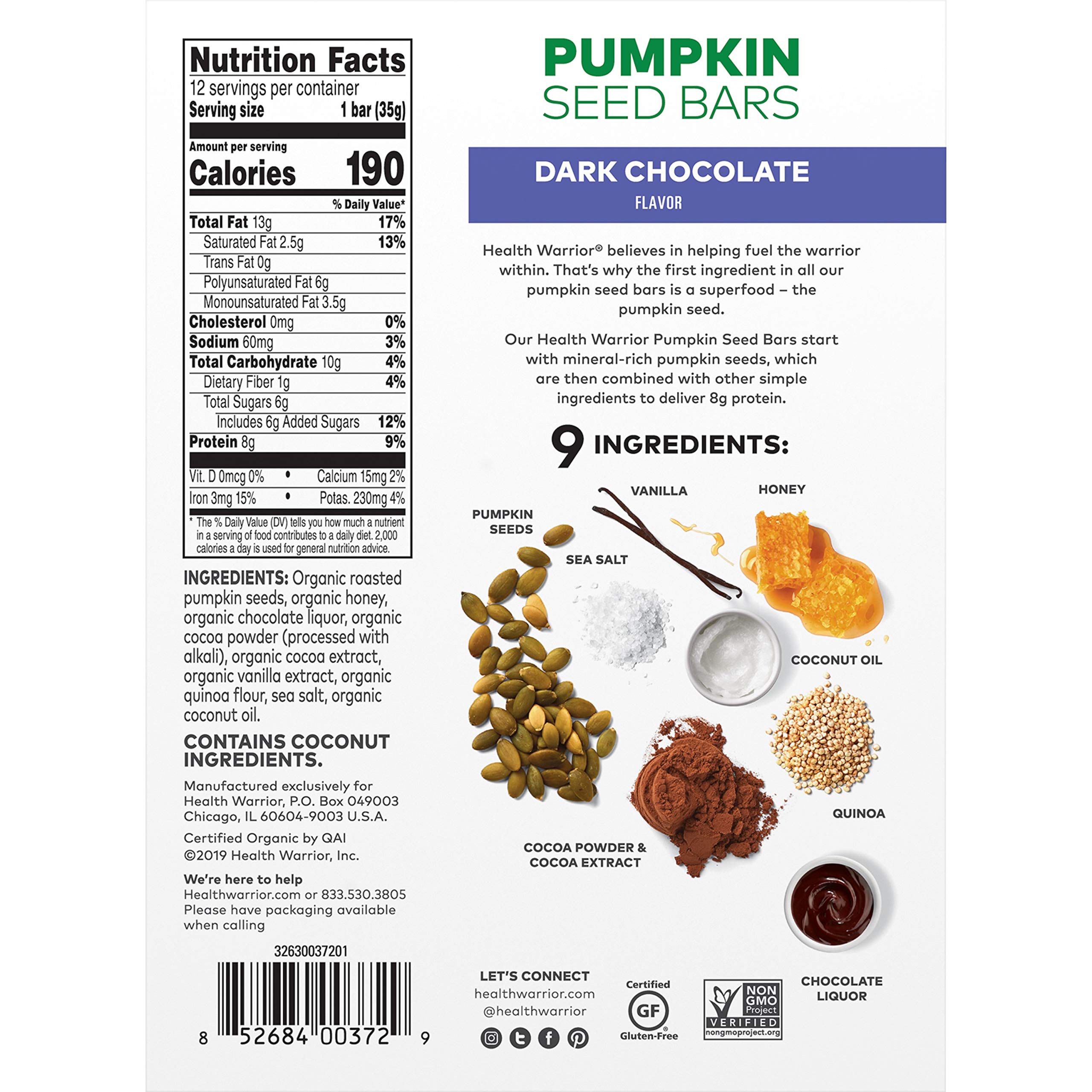 Health Warrior Pumpkin Seed Bars, Dark Chocolate, 12 Bars ONE PLANT