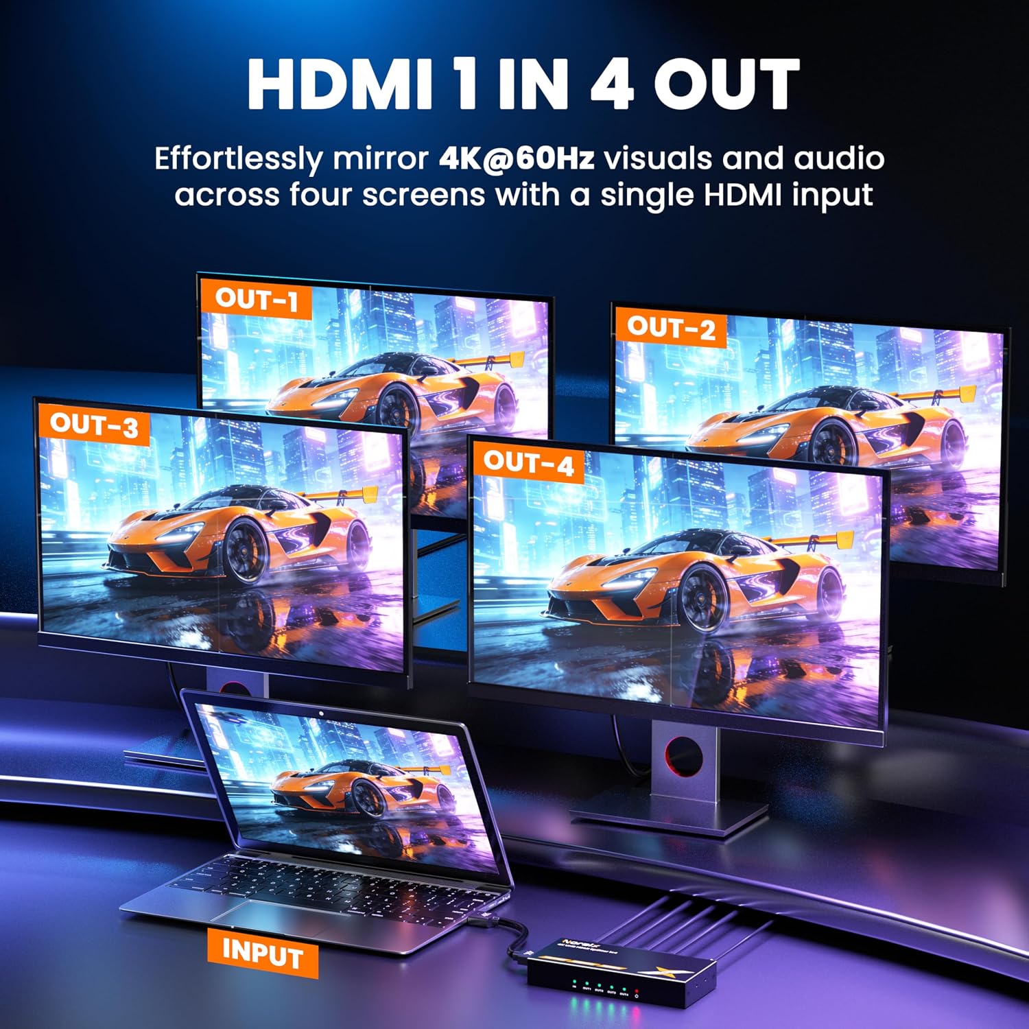 Uncompressed 4K HDMI Splitter 1x4 with EDID, Lossless 4K@60Hz UHD HDR HDMI 2.0 18Gbps HDMI Duplicator, Zero Latency Support HDCP 2.2 Plug and Play, for PS5, Fire Stick, HDTV