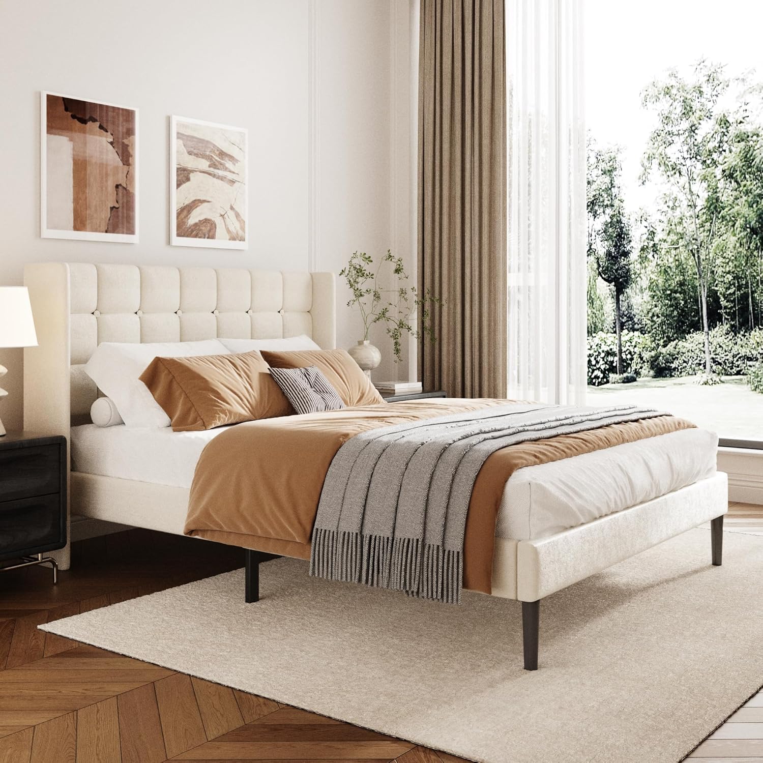 Full Size Bed Frame with Wingback Headboard, Velvet Upholstered Platform Bed Frame with Button Tufted Headboard, Wooden Slats Support, No Box Spring Needed, Noise Free, Easy Assembly, Beige