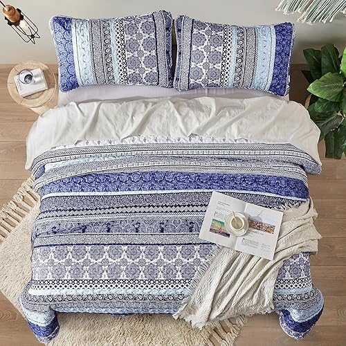 Miniatura 3 de WONGS BEDDING Juego de edredón bohemio tamaño individual, juego de edredón de 2 piezas bohemio, color azul, juego de ropa de cama ligero para todas