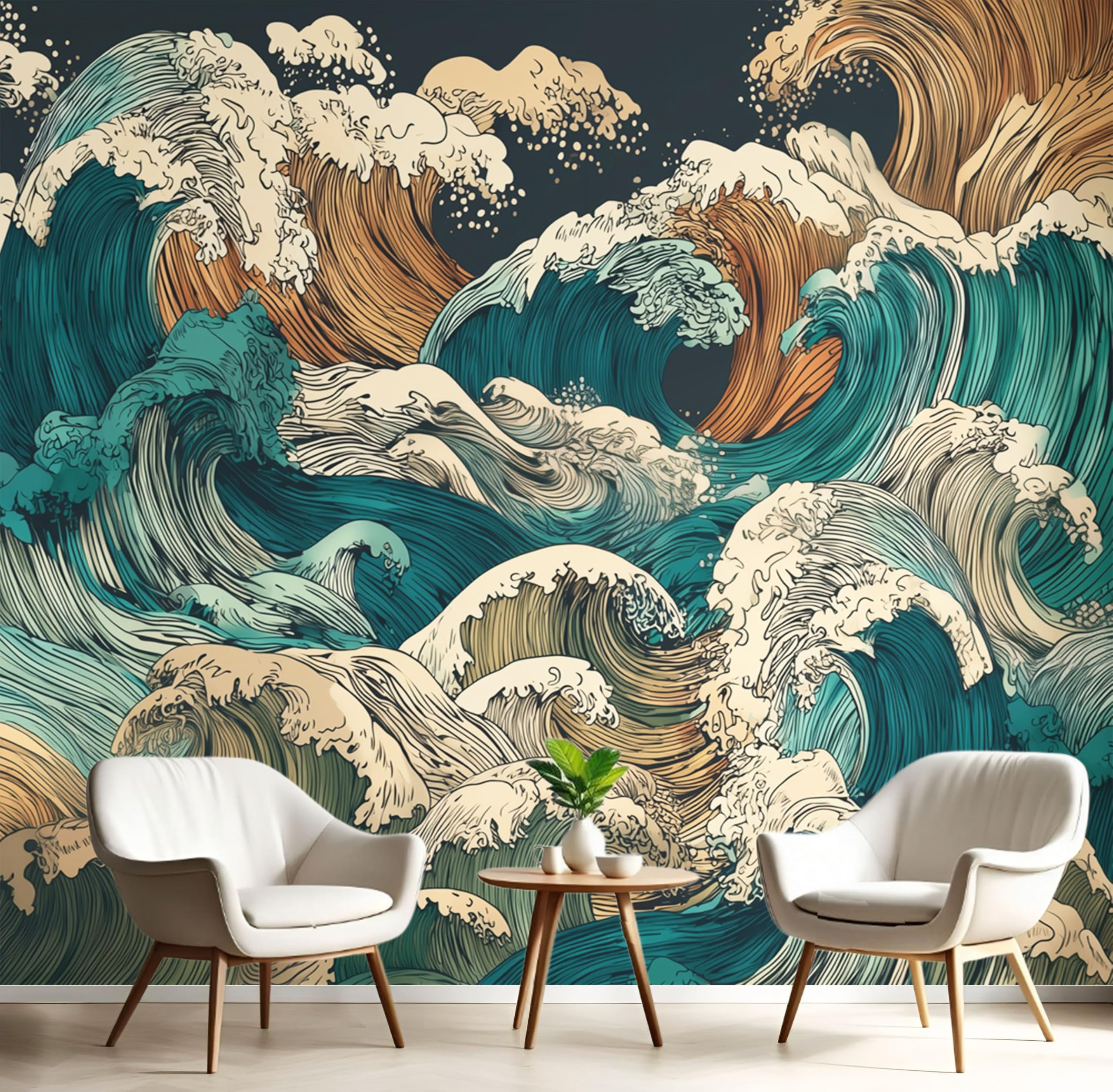 Mural de pared ondas 3D seda 150x105 cm para transformar tu salón en un oasis ukiyo-e japonés