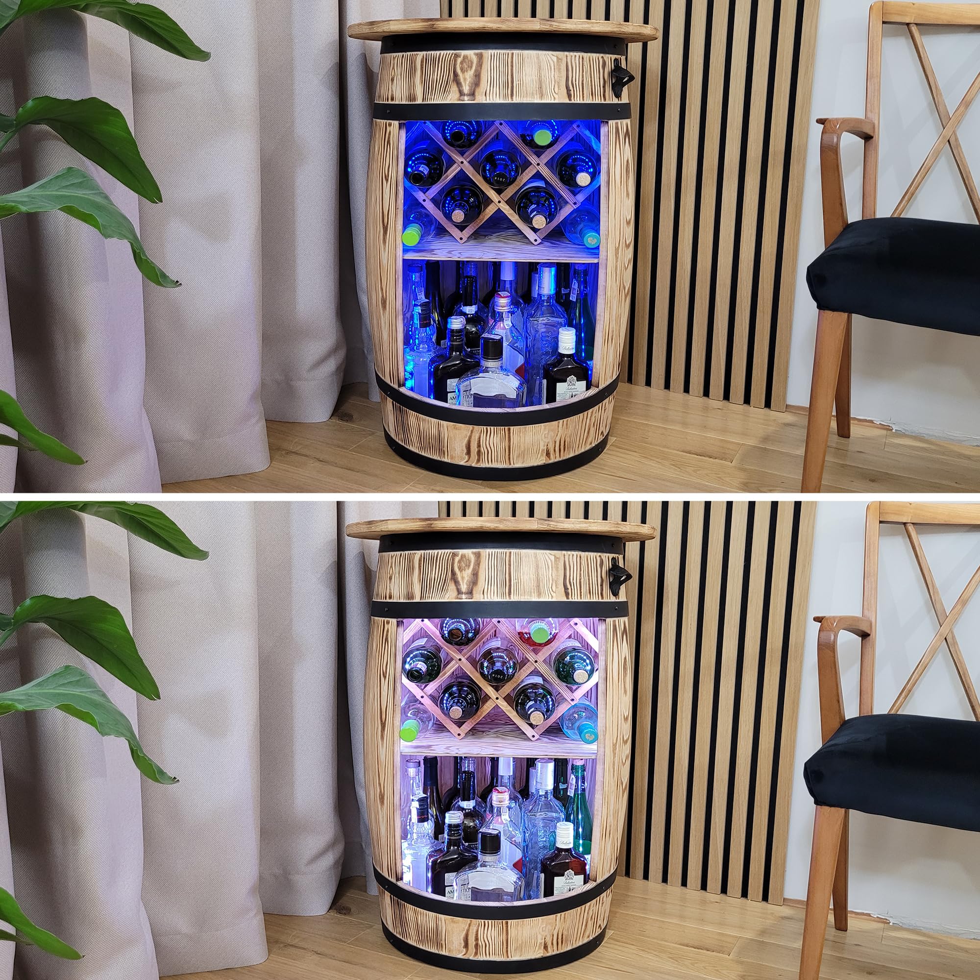 weeco Fass Bar mit Deckel und LED RGB Leuchten und Weinhalter - Flaschenständer deko - Hausbar Tabelle Gin Whisky Bier - Barschrank - Holzfass Tisch - Weinfass Stehtisch 80x50cm