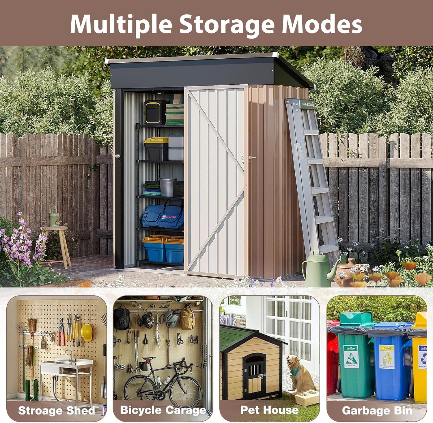 Aoxun 4.9x2.9 FT Outdoor Storage Shed - Metal Garden Shed with Base, Waterproof Garden Tool Shed with Lockable Doors, Perfect for Backyard, Patio, Poolside (Brown)