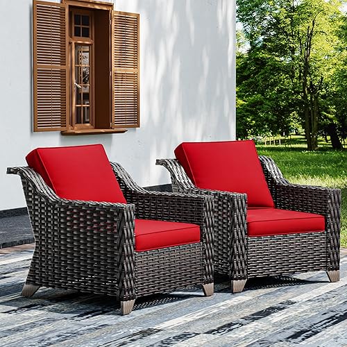 Joyside Juego de 2 sillas de mimbre para patio, muebles de ratán para exteriores con reposabrazos anchos y cojines gruesos, tamaño grande mejorado
