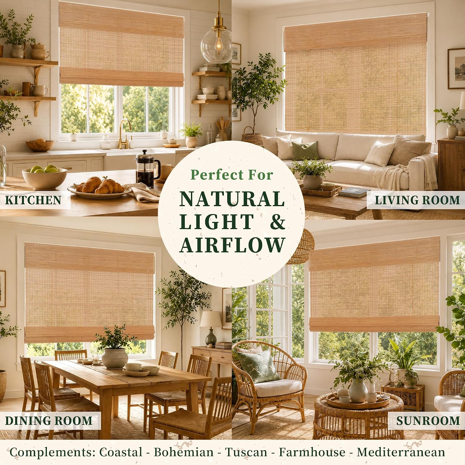 HESTIA No Drill Cordless Bamboo Roman Shades with Matching Valance, Light Filtering Natural Woven Roll Up Blinds for Living Room, Dining Room, and Sunroom, 34.5" W X 64" H