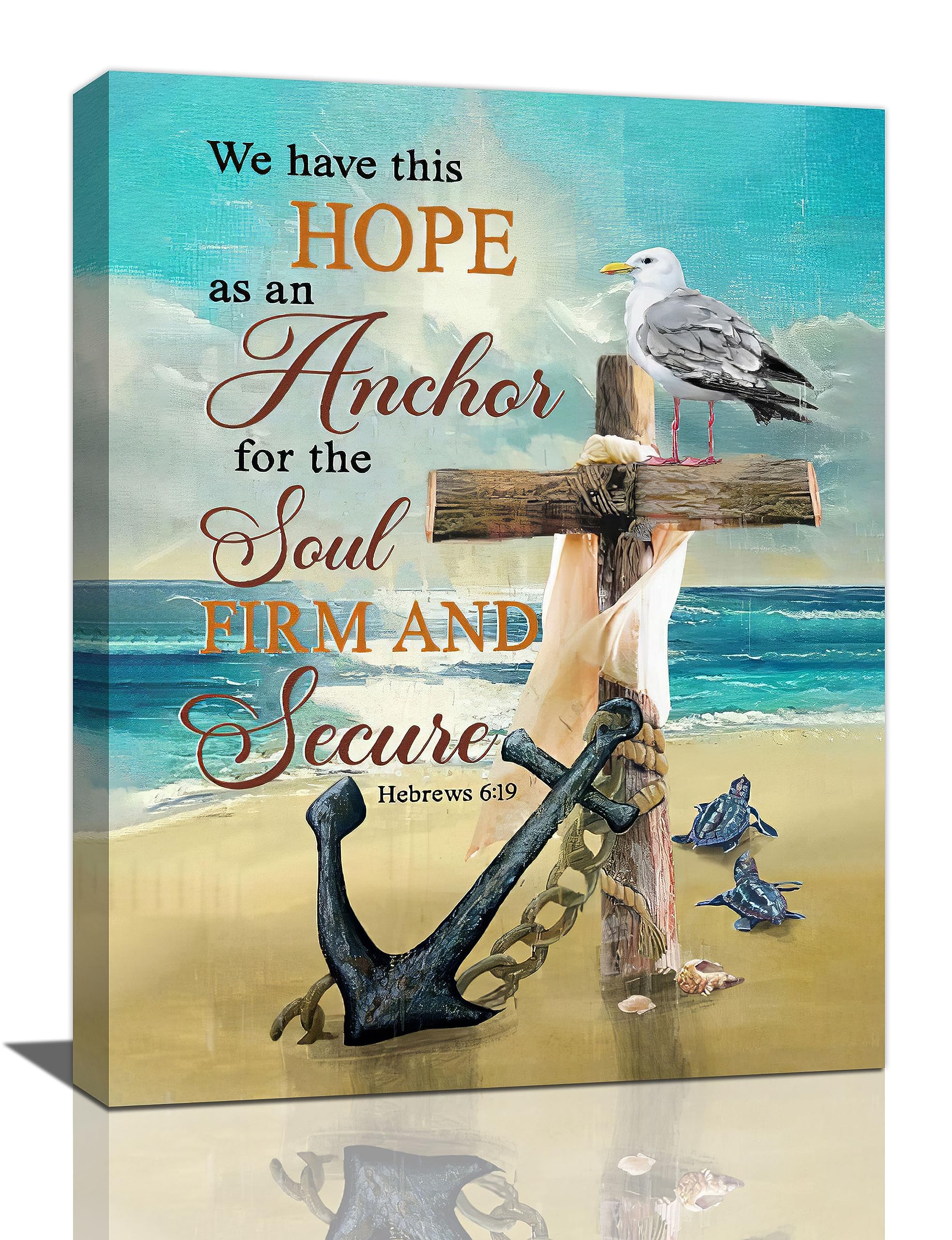 Beach Anchor Wall Art Coastal Seagull Cross Pictures Wall Decor Christian Bible Verse Canvas Prints Framed Nautical Sea Turtle Posters Painting Artwork for Bathroom Bedroom Living Room Office 12"x16"