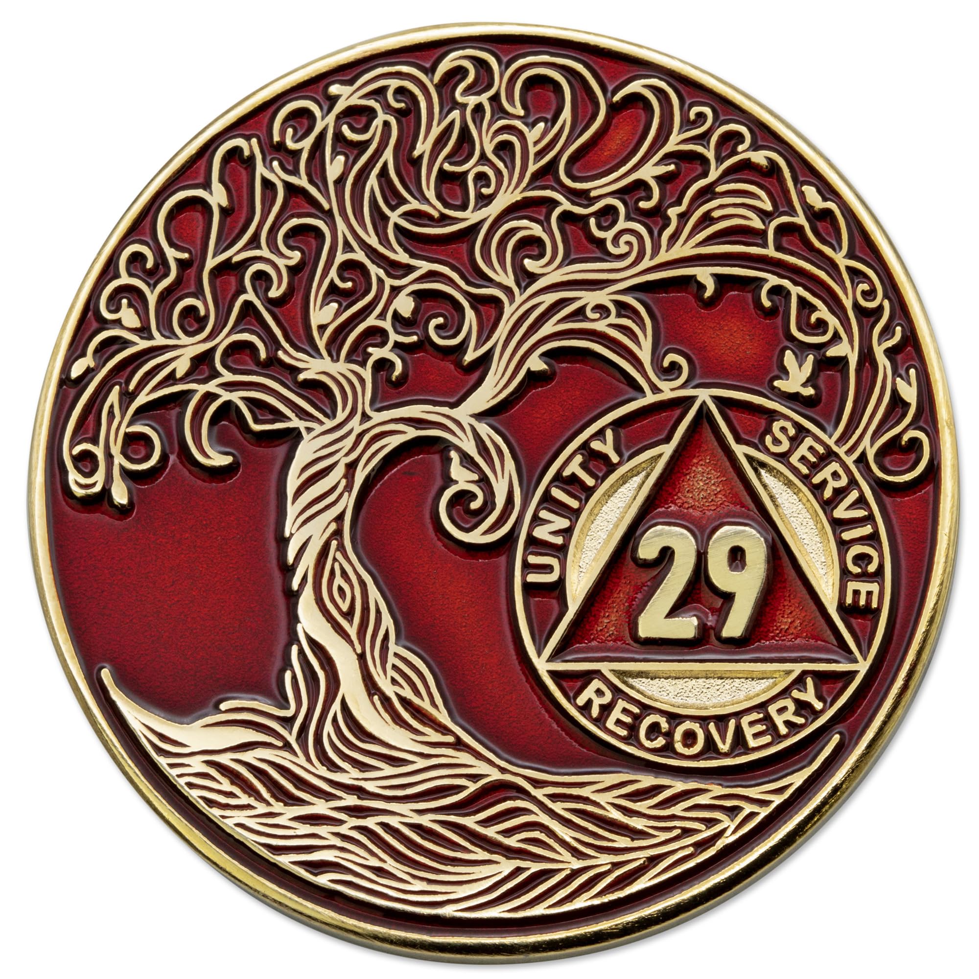 1 to 50 Year Twisted Tree of Life Sobriety Coin - Gold Plated AA Chips &amp; Medallions - 29 Year Sobriety Coin - Red