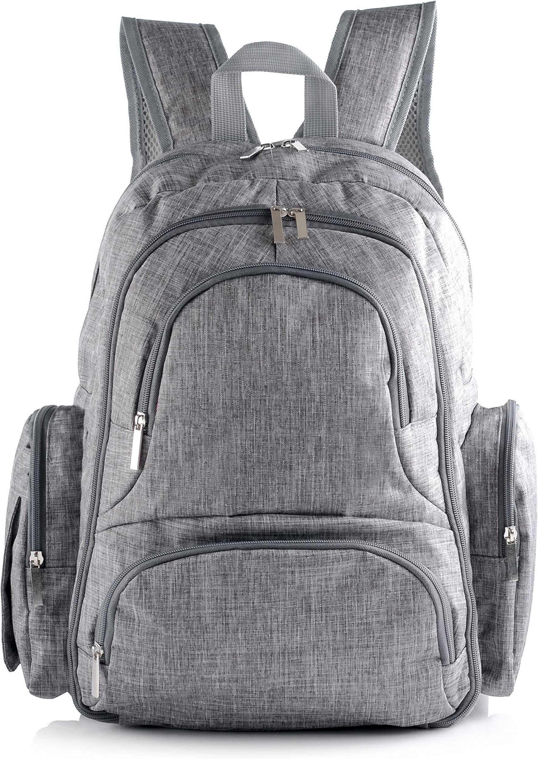Stylish Travel Backpack Diaper Bag w/Free Insulated Sleeve, Changing Pad & Stroller Straps | Multiple Thermal Retaining Pouches | Best Organized Toddler & Baby Backpack for Men & Women (Grey)