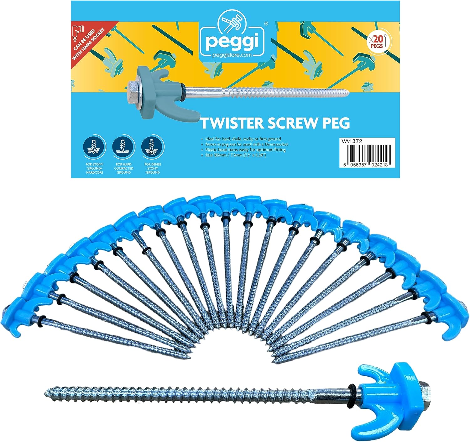 Peggi Screw in Tent Pegs 20 Pack Heavy Duty Screw in Tent Pegs Drill Adapter 13mm Socket
