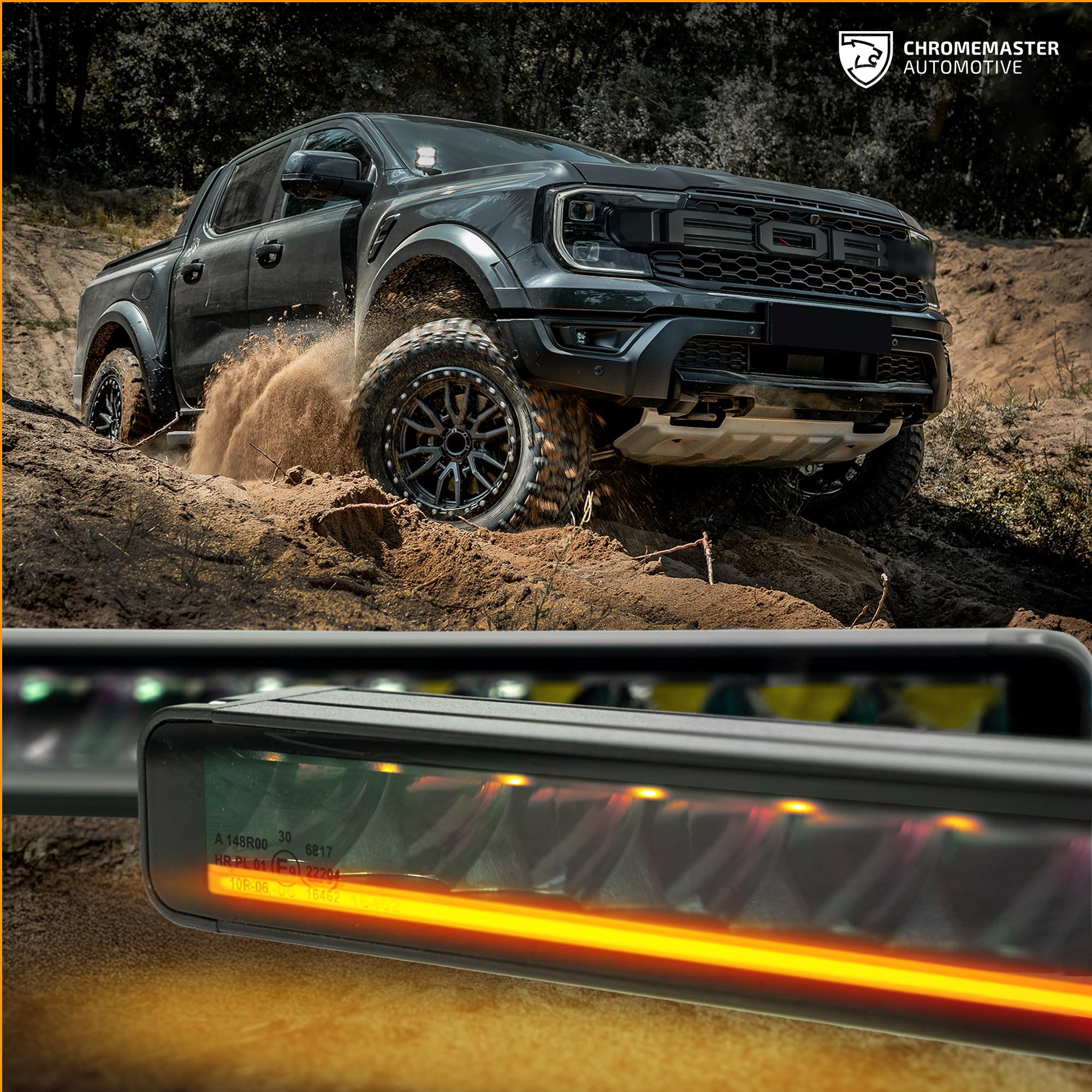 CHROMEMASTER | Luces LED en la Parrilla del Vehículo Compatibles con Ford Ranger Raptor 2022+ ; 2x Luces Diurnas LED BAR BLACK SERIES 11,2" IP69K, Homologación E, 12–24V; 3 Modos de Iluminación