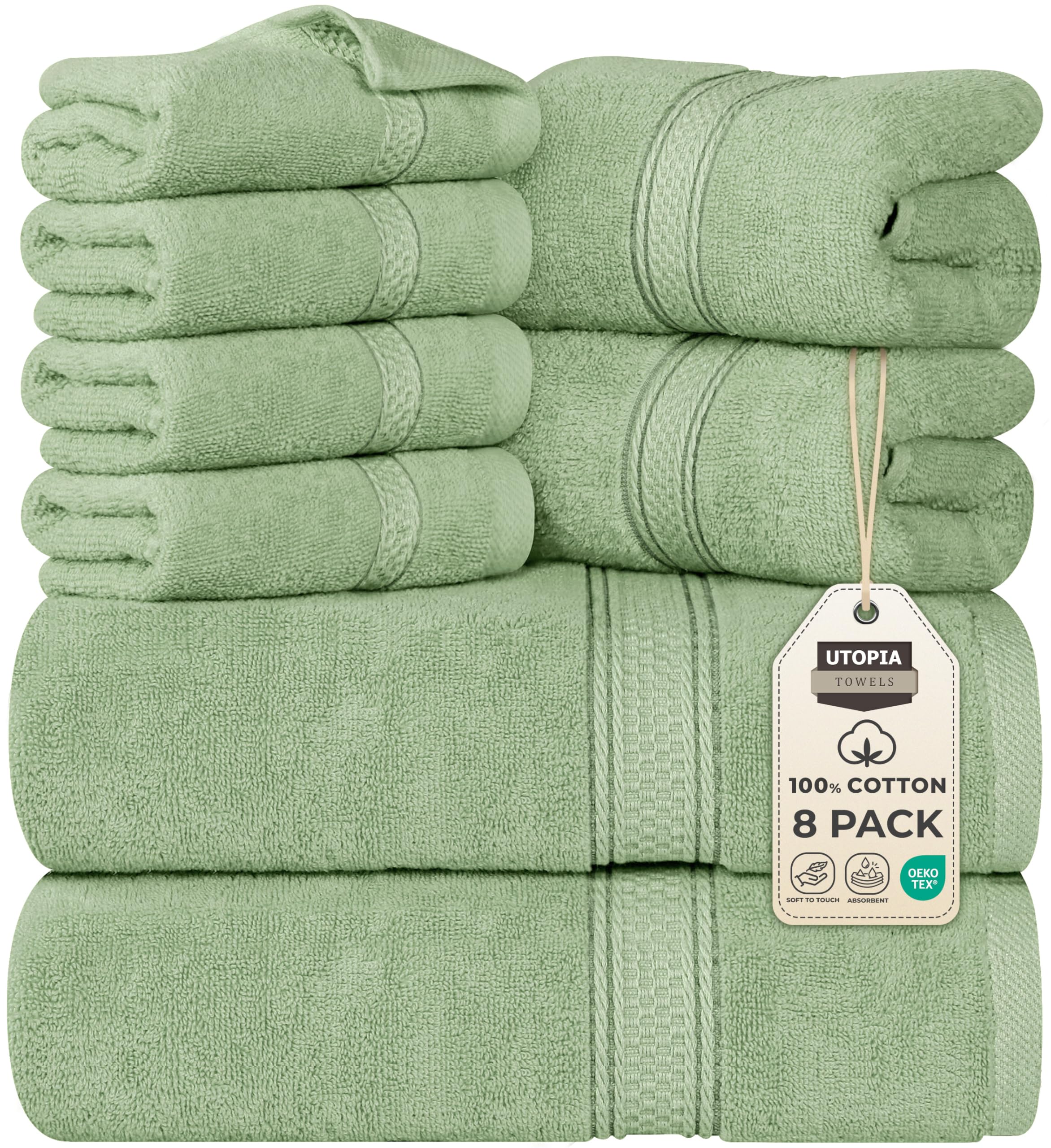 Utopia Towels 8 Piece Premium Towel Set, 2 Bath, 2 Hand, and 4 Wash Cloths, 600 GSM 100% Ring Spun Cotton, Highly Absorbent Towels for Bathroom, Gym, Hotel, and Spa, Sage Green