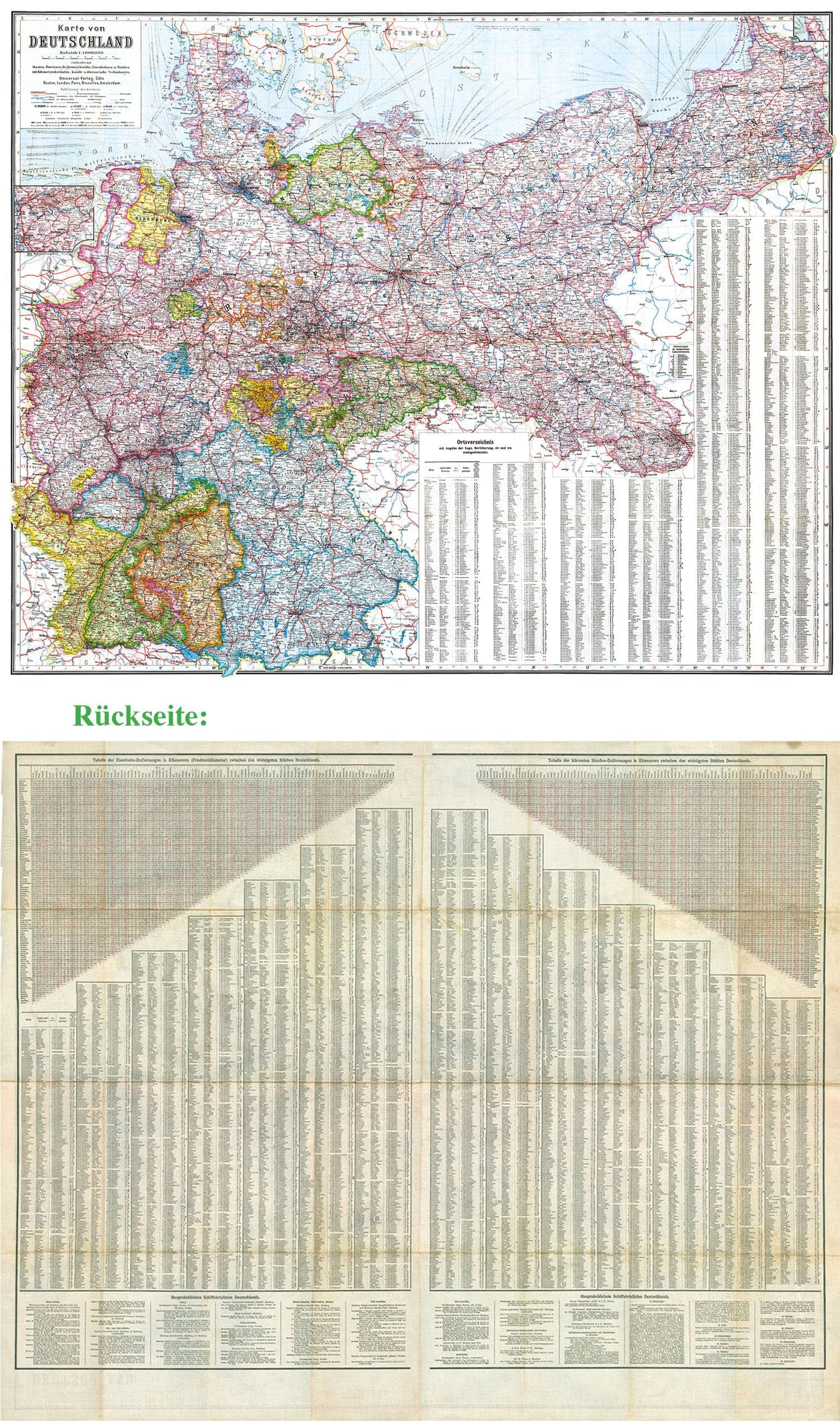 General-Karte Deutsches Reich - Deutschland, 1910: Zwei Großkarten mit Ortsverzeichnis inkl. Einwohnerzahl und Koordinaten (plano)