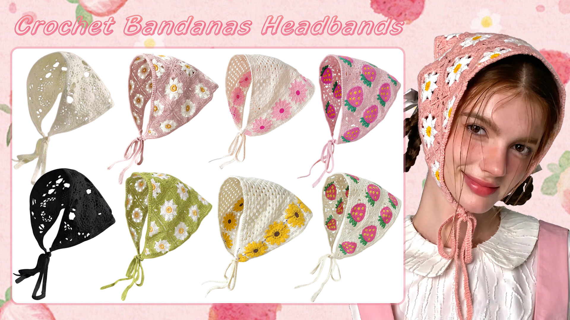 Amazon.com : FULZTEY Crochet Bandana Headbands Pink Knitted  display picture 1
