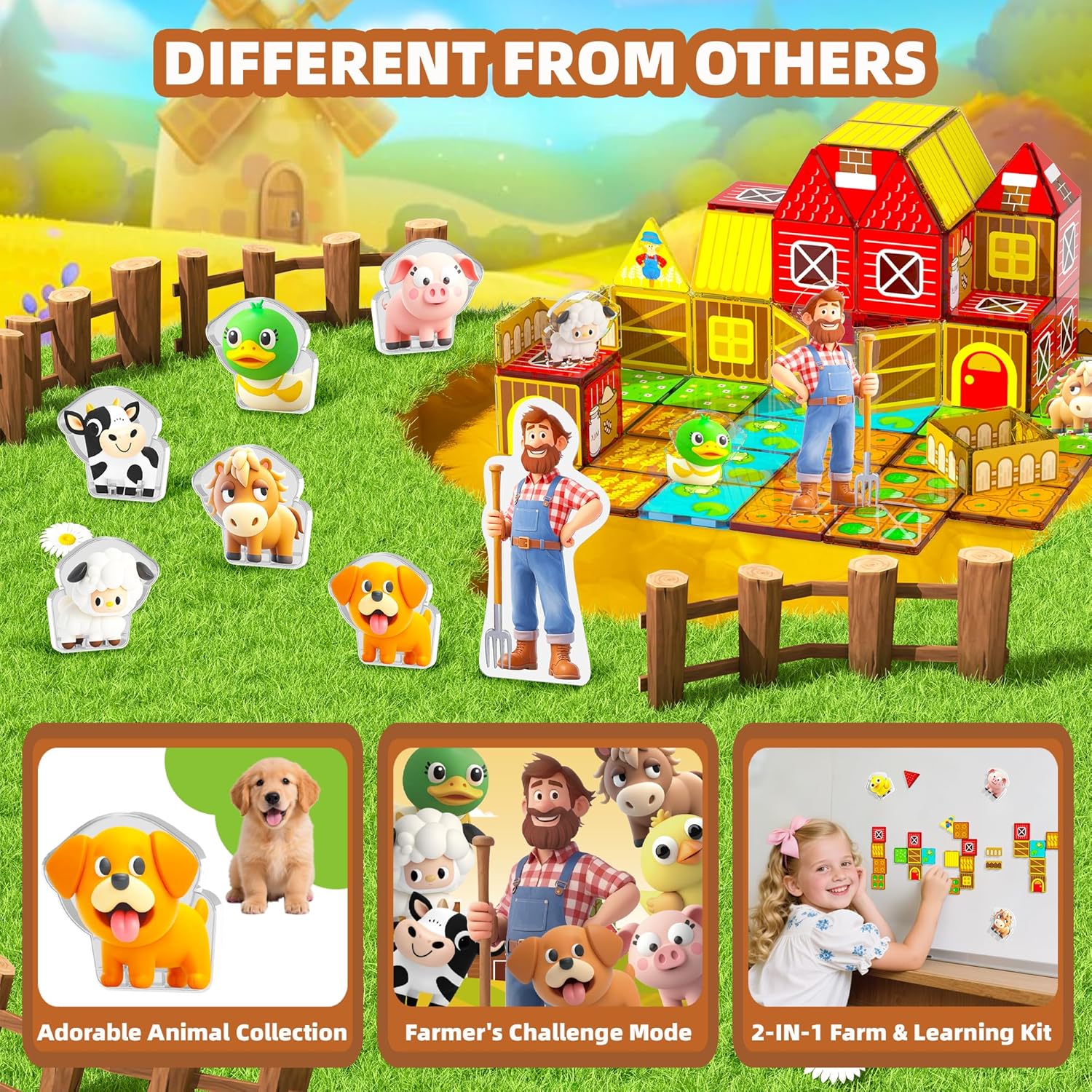 GobiDex Magnetic Tiles with Farm Animals Building Blocks, STEM Sensory Toys for Indoor, Outdoor, and Travel Play, Educational Magnet Toy Gift for Preschool Kids Ages 3-5, 4-8
