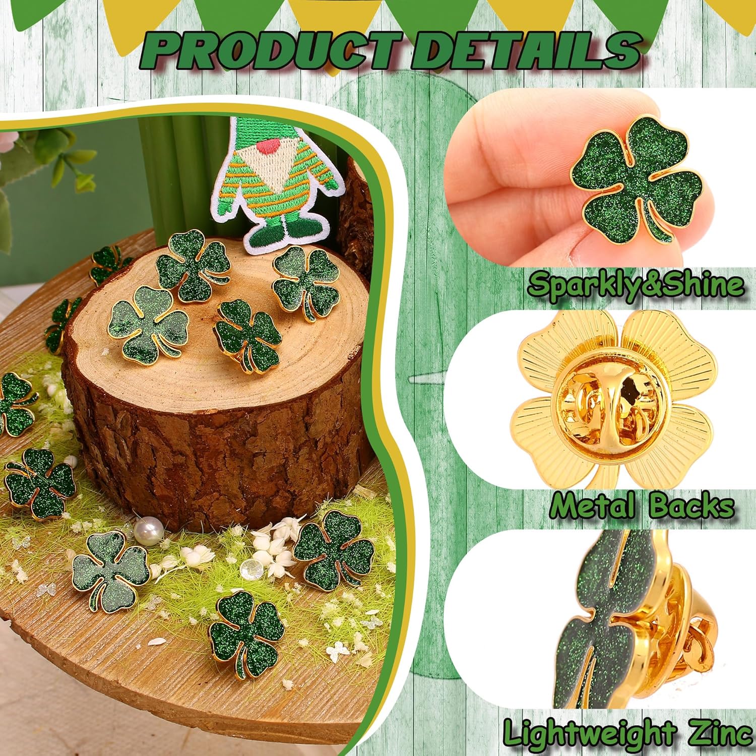 25/50/100 Sets St. Patricks Day Lapel Pins Bulk Four Leaf Clover Pins Irish Shamrock Pin Brooches With Blessing Cards for St. Patrick’s Day Gift Party Favors Jewelry Accessories - Image 5