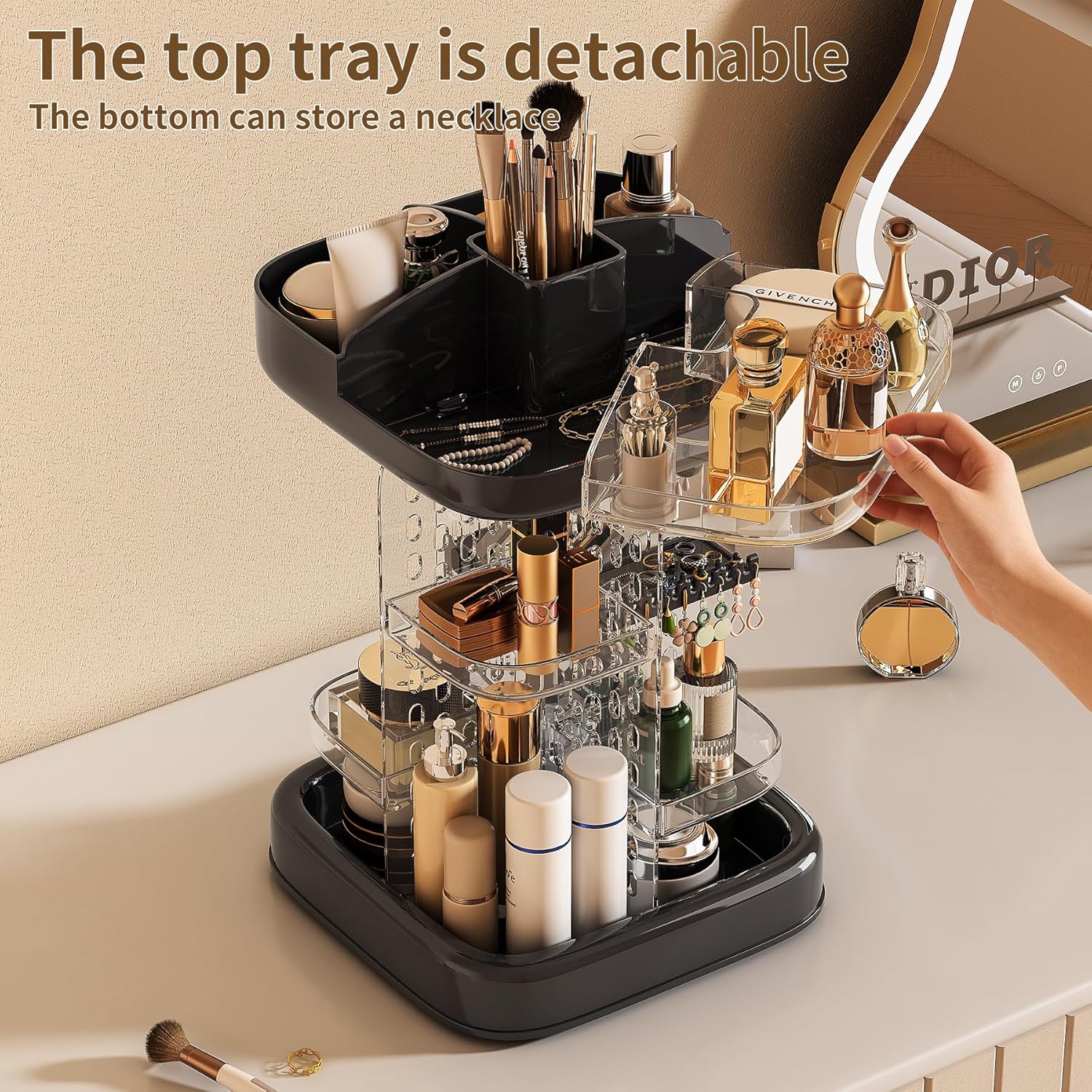 360 Rotating Makeup Organizer for Countertop, Adjustable Height Tiered Cosmetic and Skincare Storage, Clear Vanity Perfume Display with Brush Holder, Jewelry and Accessories Desktop Storage, Black - Image 4