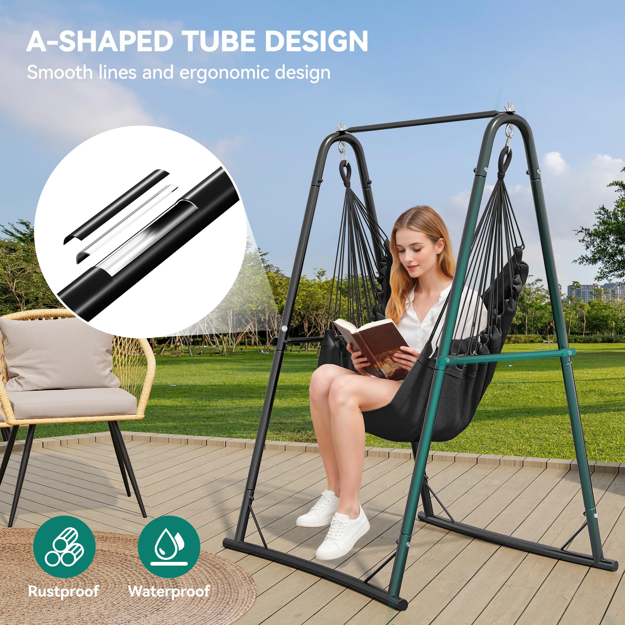 YITAHOME Hamaca Colgante con Estructura de 105 x 93 x 160 cm, Estructura de Acero Estable, Soporte para Hamaca con Columpio Colgante, Carga máxima de 150 kg, Mecedora con 2 Ganchos y 2 Cojines de