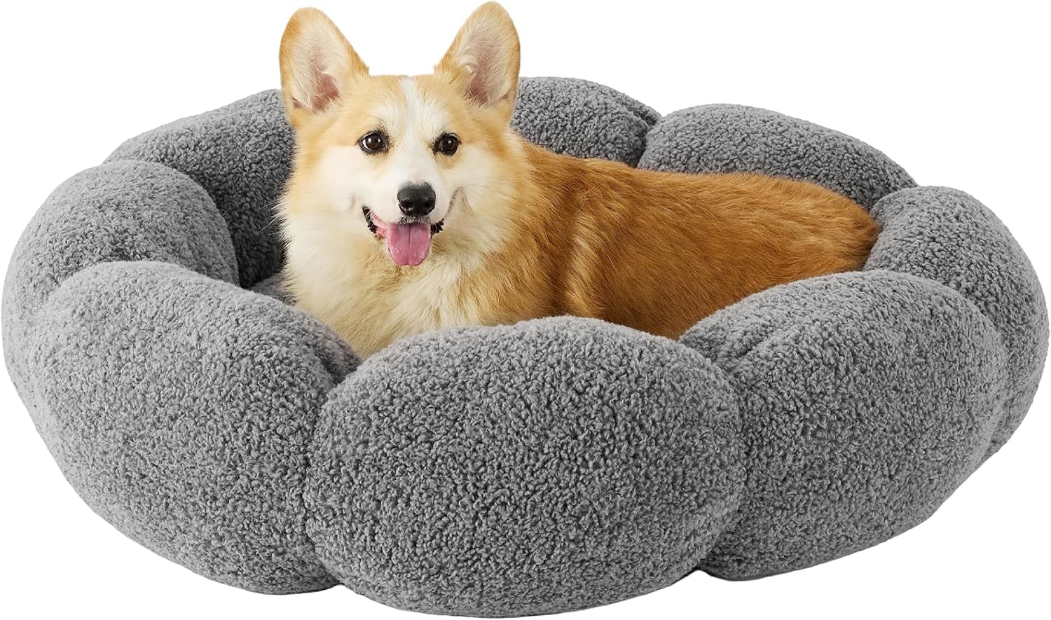 Lesure Calming Large Dog Bed - Flower Donut Round Fluffy Puppy Bed in Plush Teddy Sherpa, Non-Slip Cute Flower Dog Beds, Large Pet Bed Fits up to 100 lbs, Machine Washable, Grey 36" L(36x36x10) Grey