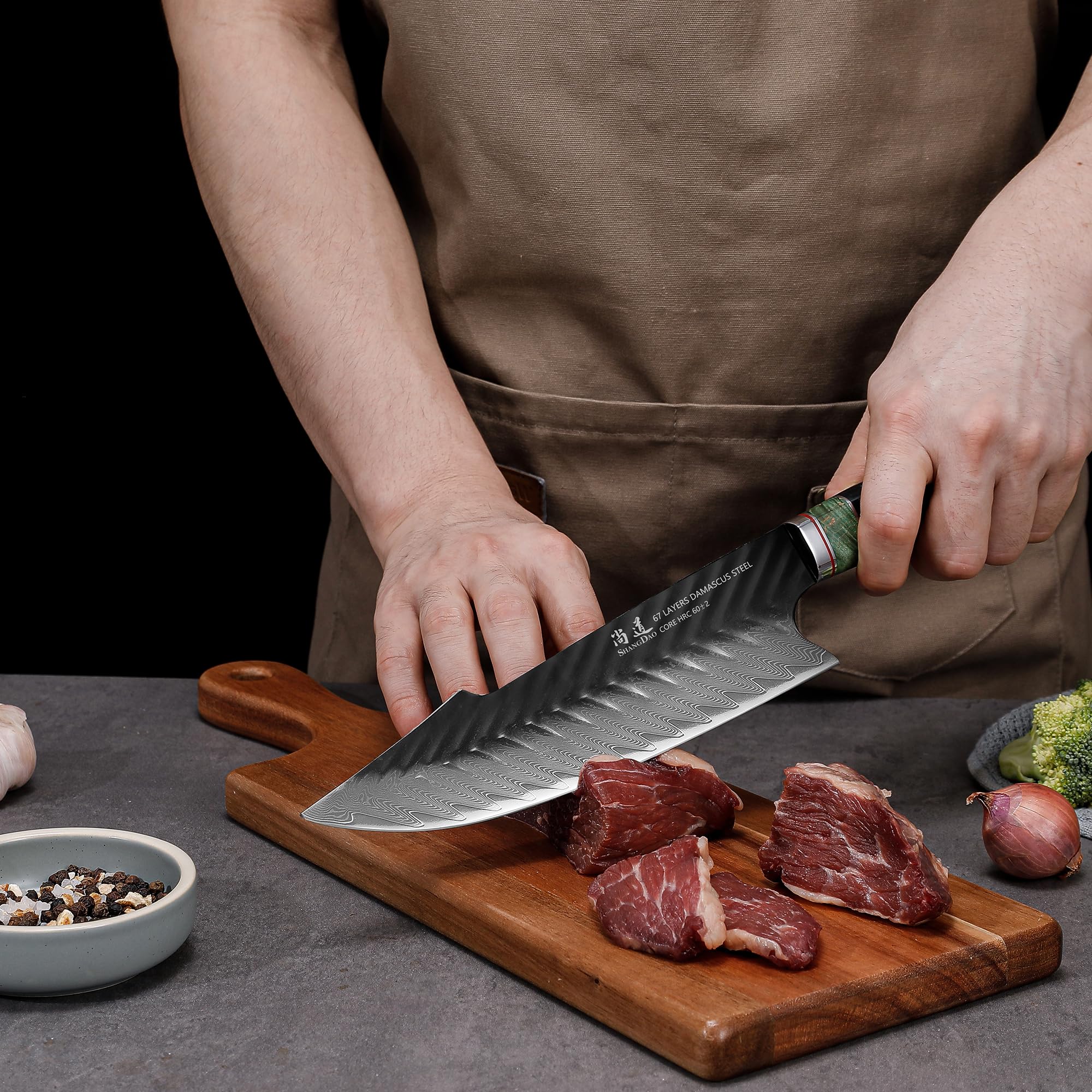 SHANGDAO Damascus Chef Knife 8 Inch,67 Layers Alloy Steel Professional Kitchen Knives with Leather Sheath, Hand Forged Resin & Wood Handle QILIN Series — Amazon image 8